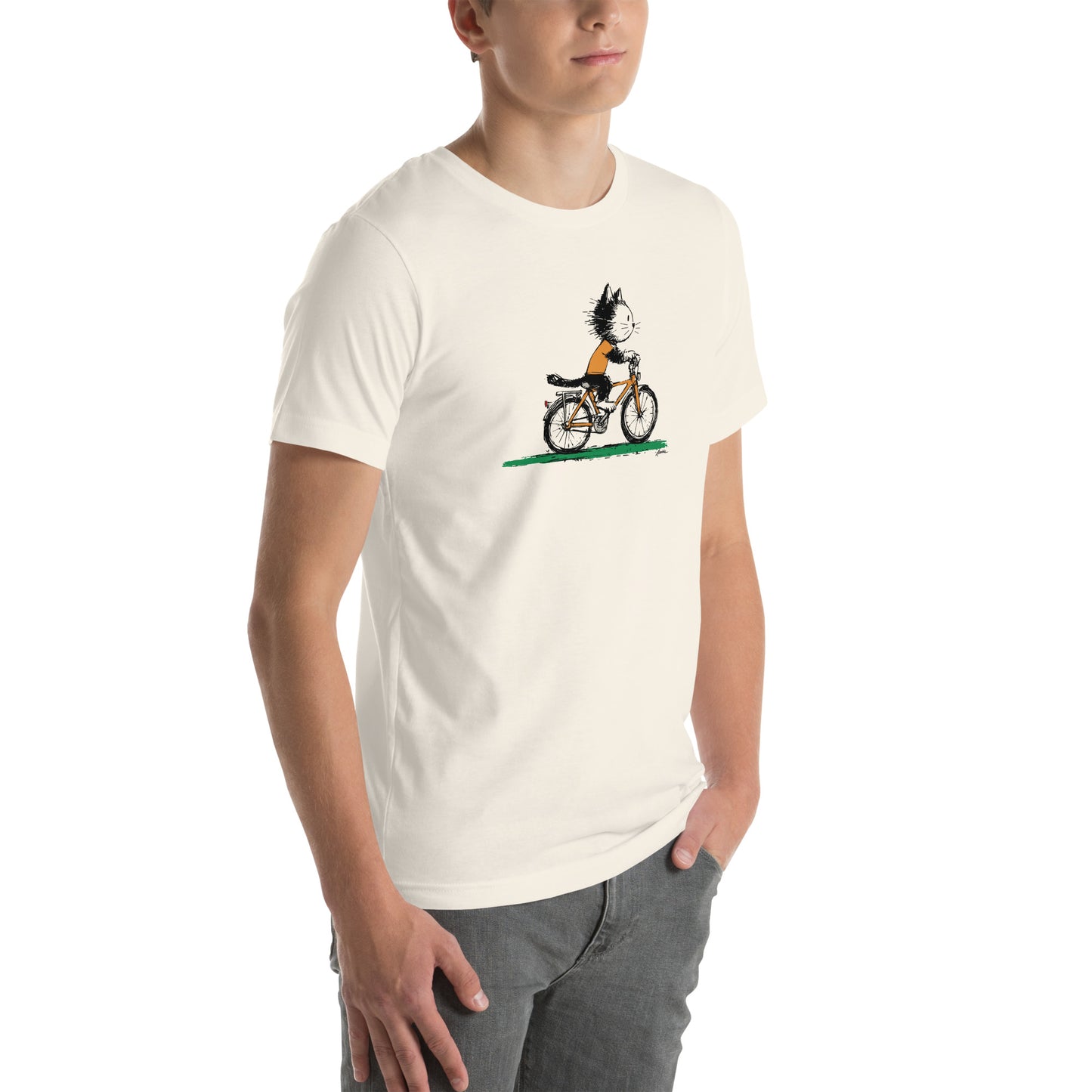 Right front view of vintage white t-shirt with riding cat illustration
