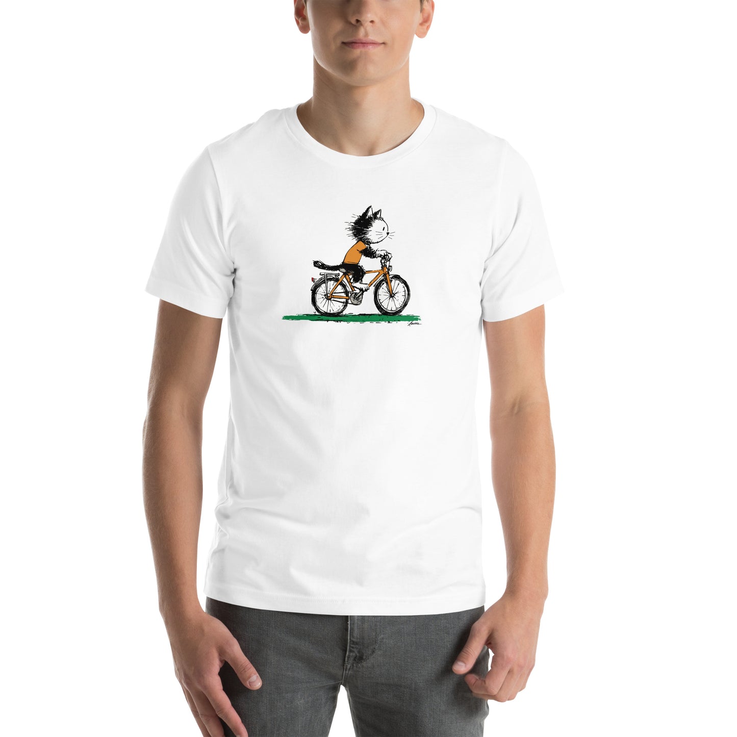Front view of white t-shirt with cool cat on bike graphic