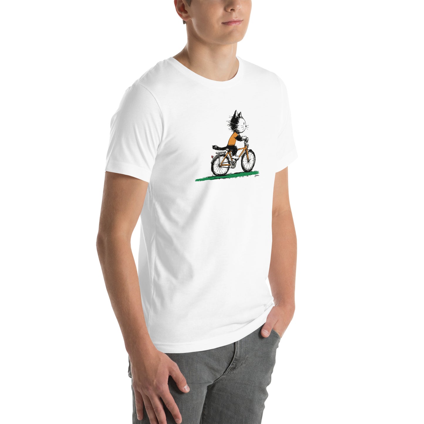 Right front view of white t-shirt with black and white cat riding orange bicycle