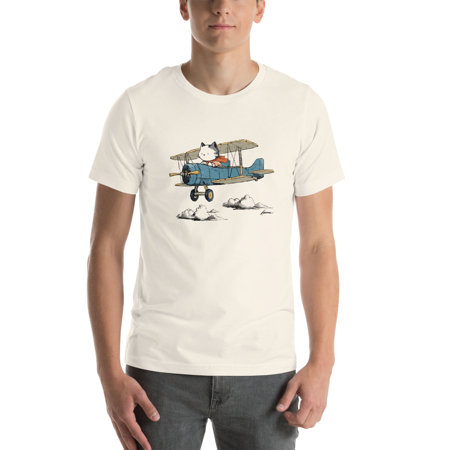 Front view of vintage white t-shirt showing white cat in scarf piloting retro red airplane