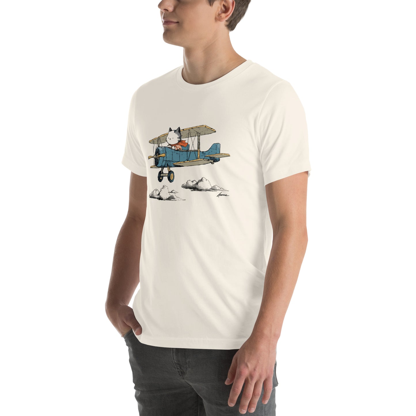 Left front view of vintage white t-shirt featuring airborne cat and aviation design
