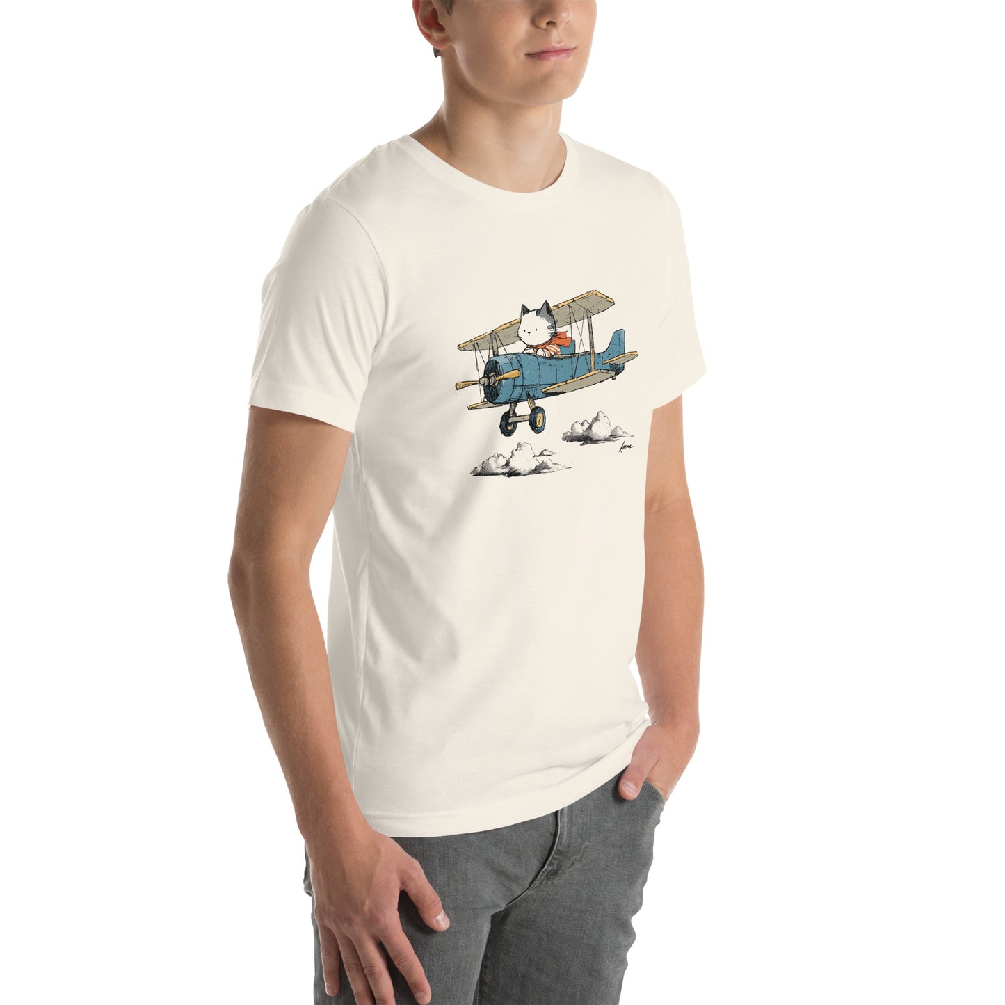 Right front view of vintage white t-shirt with cartoon white cat flying red biplane through clouds