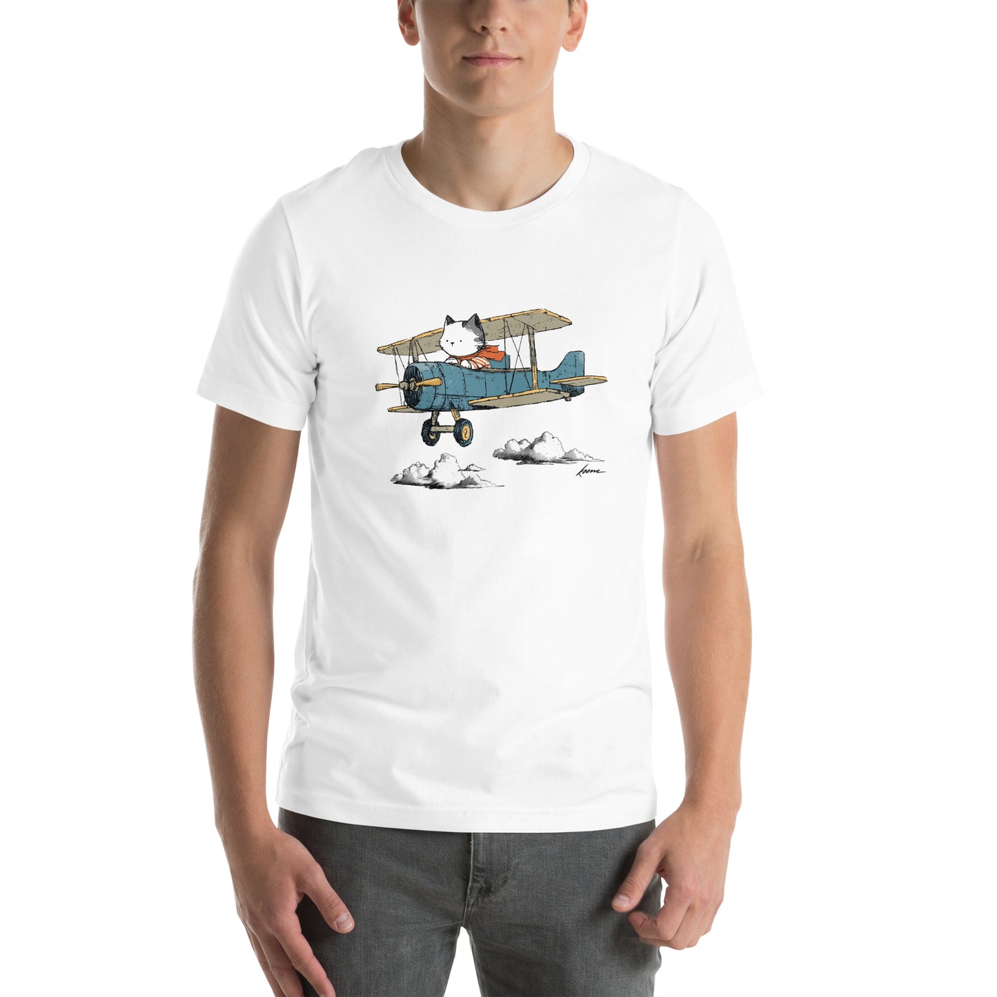 Front view of white t-shirt with white cat piloting vintage red airplane through open sky