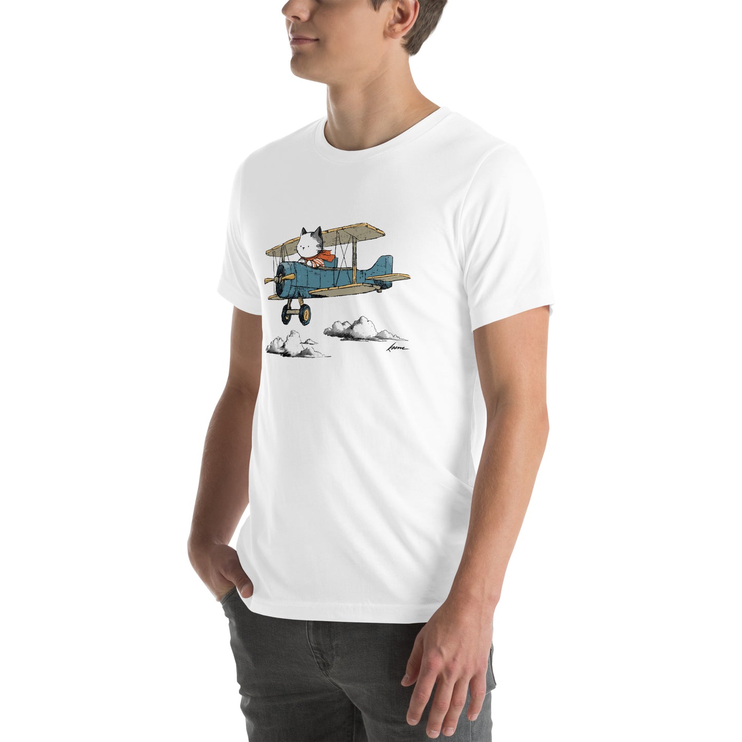 Left front view of white t-shirt showing airborne white cat in red biplane mid-flight