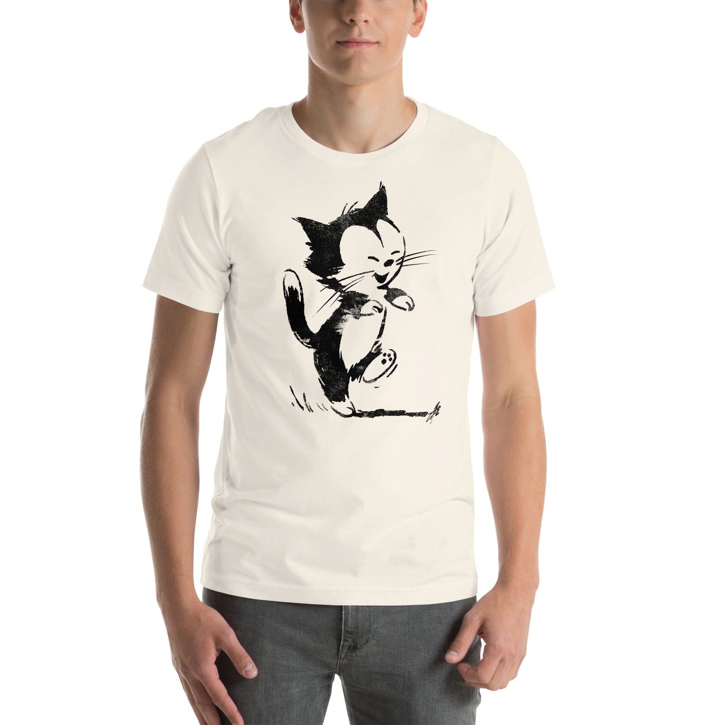 Front view of vintage white t-shirt featuring black and white dancing cartoon cat mid-motion