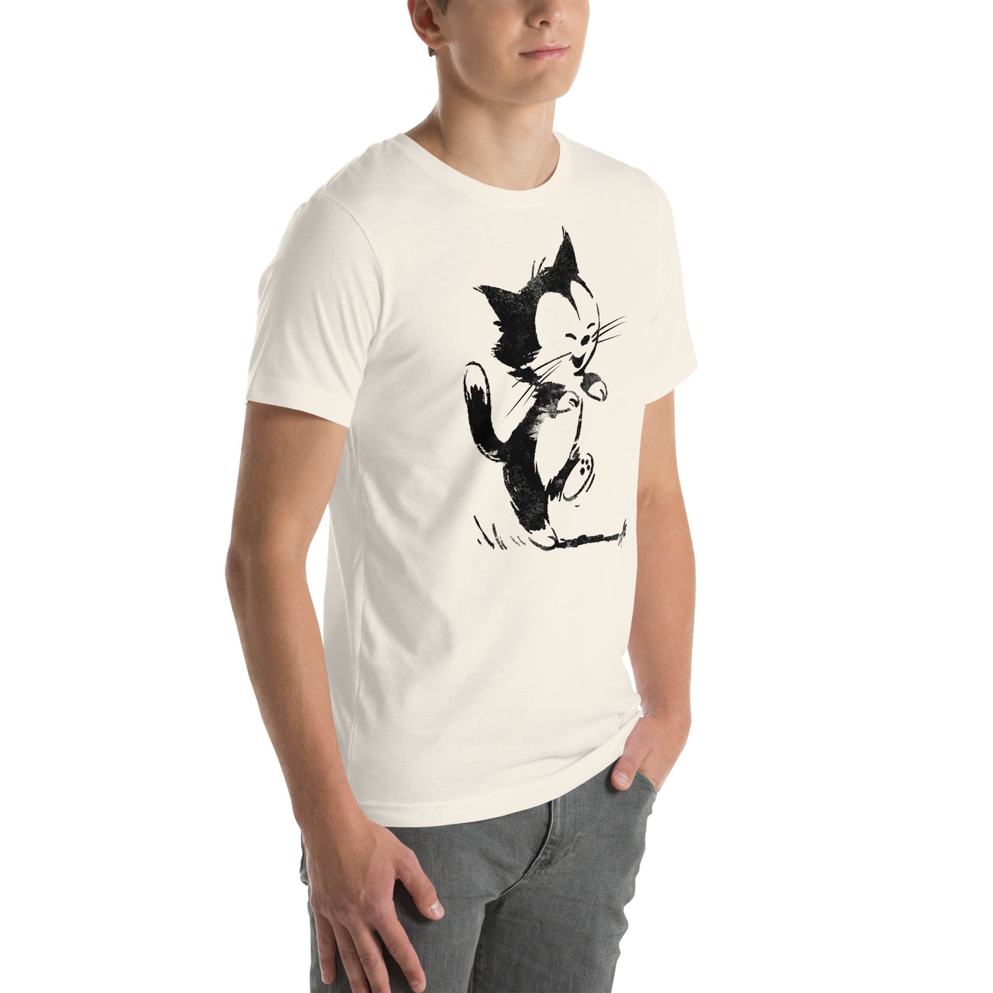 Right front view of vintage white t-shirt with happy dancing black and white cat illustration in ink style