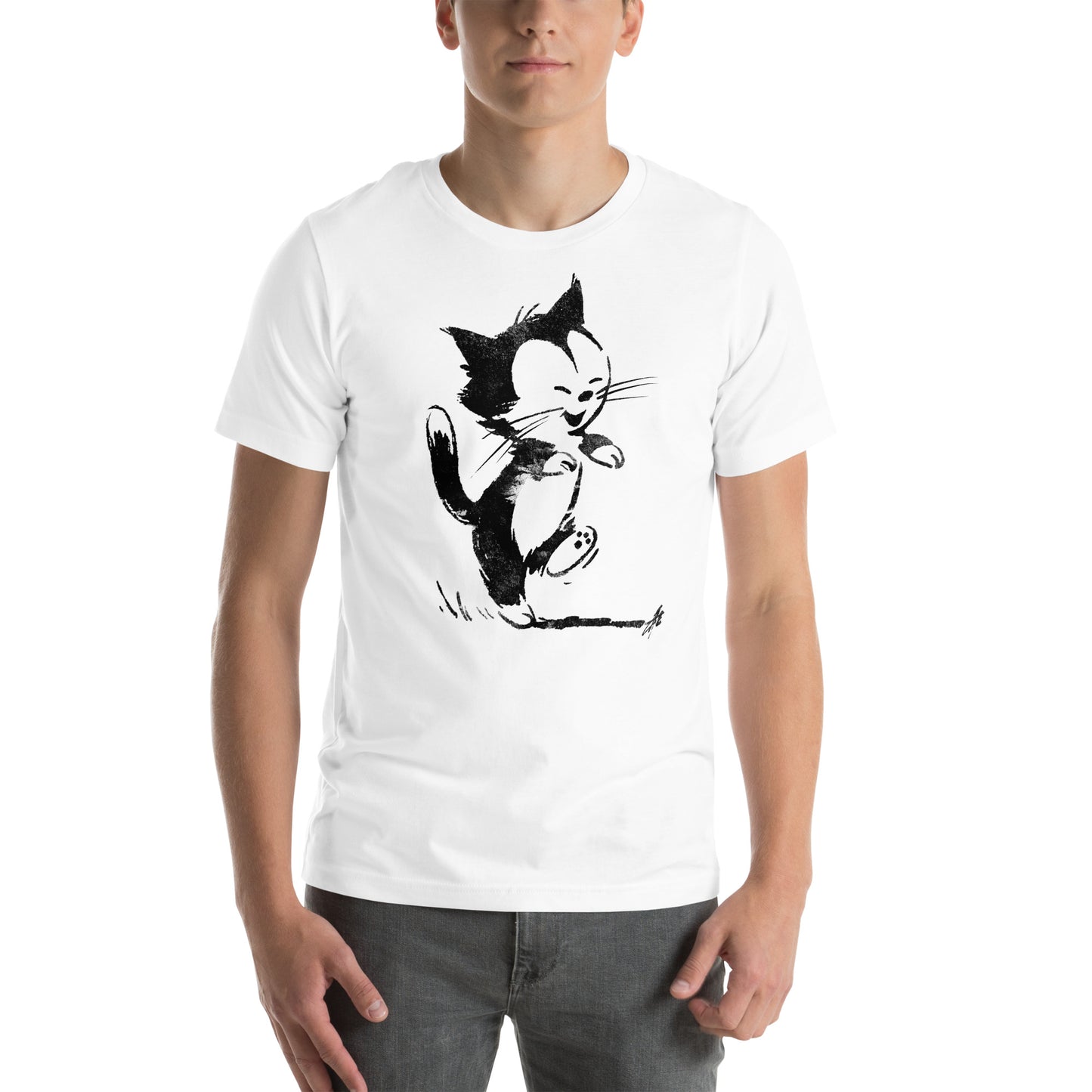 Front view of white t-shirt featuring expressive dancing cartoon cat with eyes closed and lifted tail