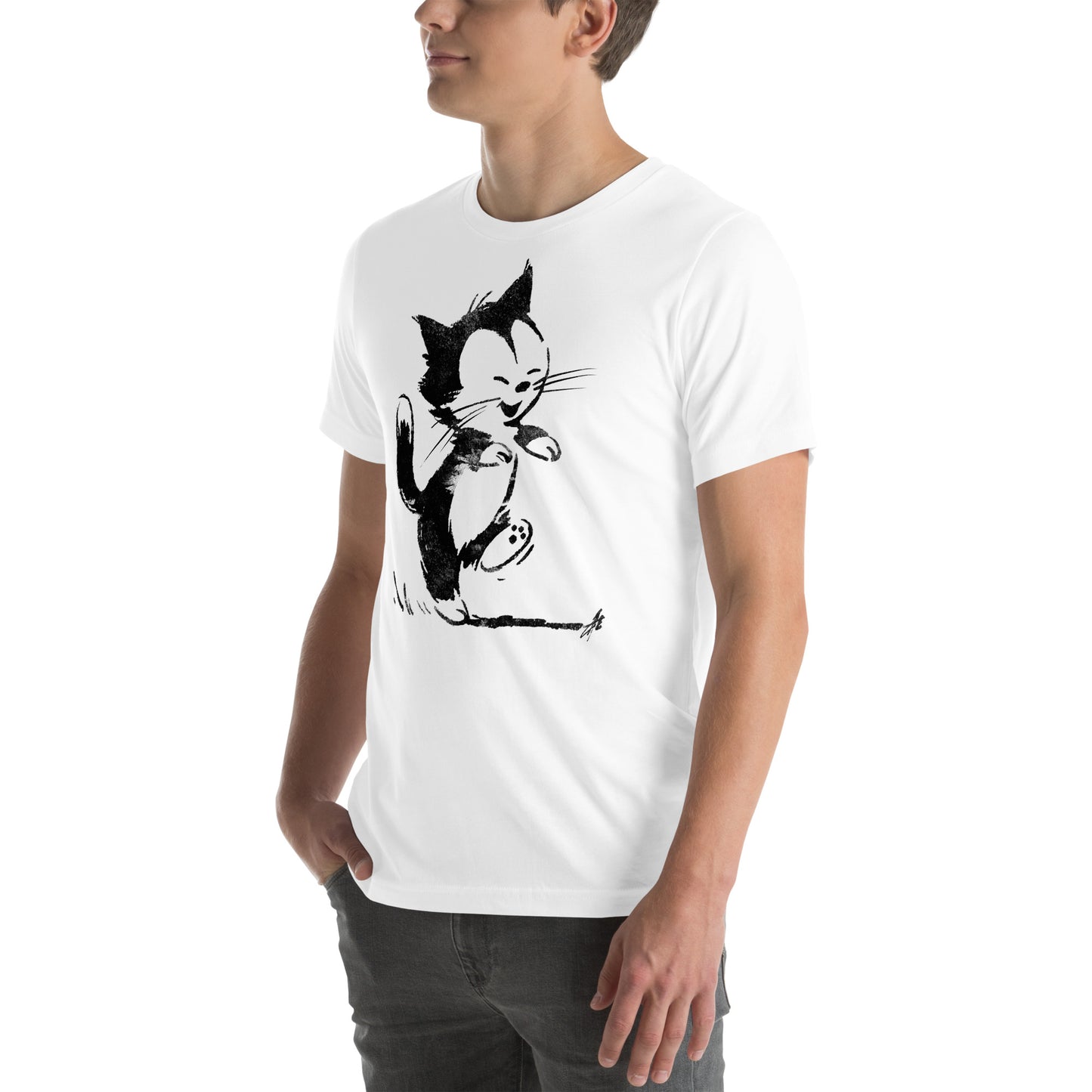 Left front angle of white t-shirt showing joyful hand-drawn kitty mid-step in dancing pose