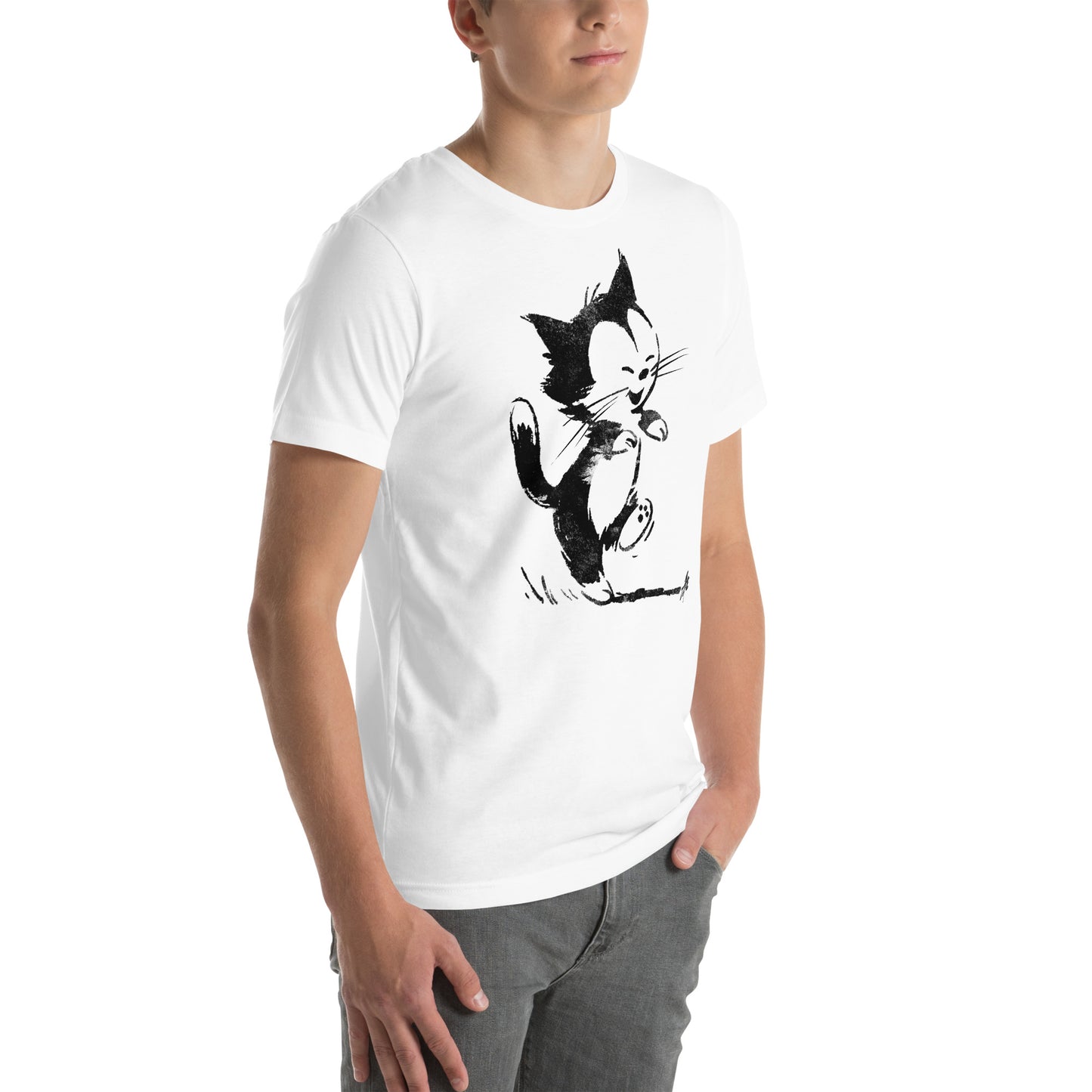Right front view of white t-shirt with dancing black and white cartoon cat smiling with lifted paw