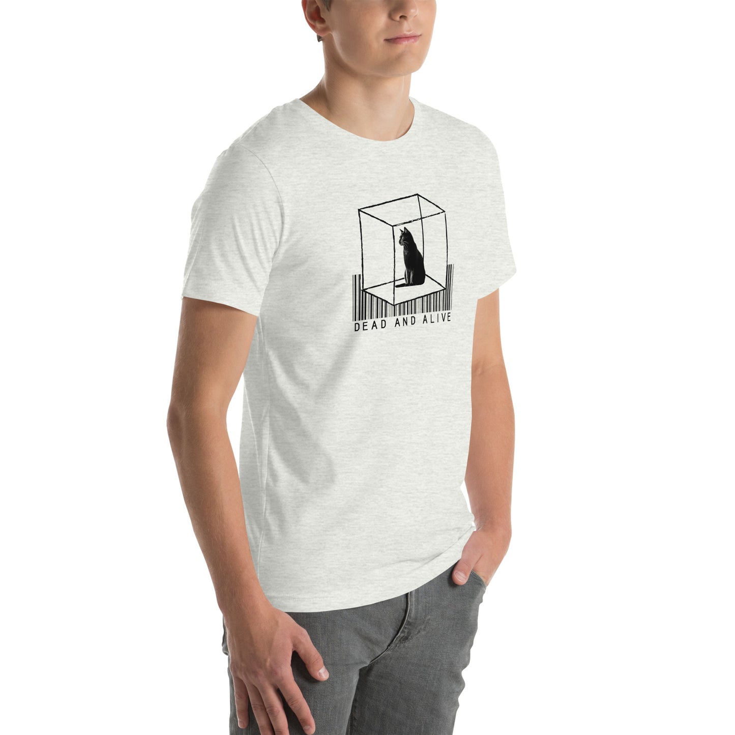 Right front view of ash t-shirt with black cat in sketched cube and barcode text