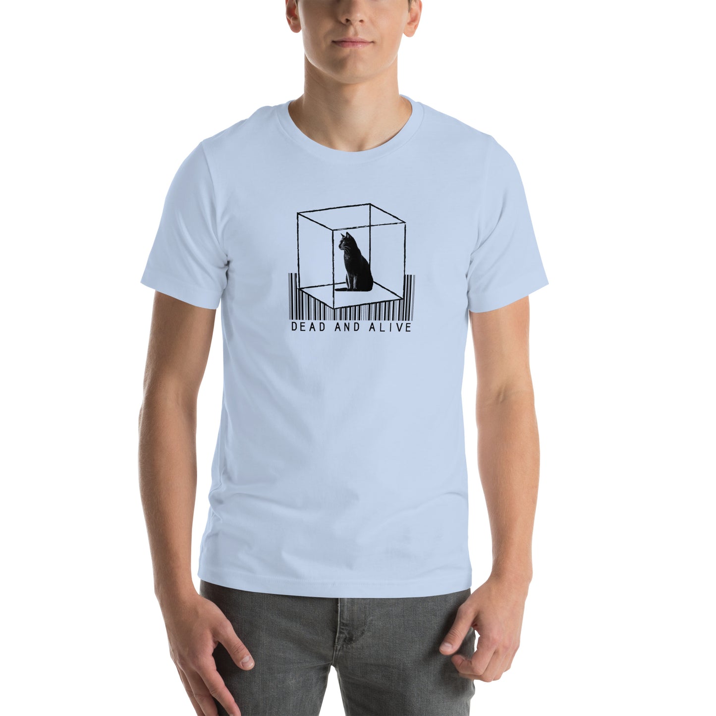 Front view of baby blue t-shirt featuring Schrödinger’s cat superposition illustration