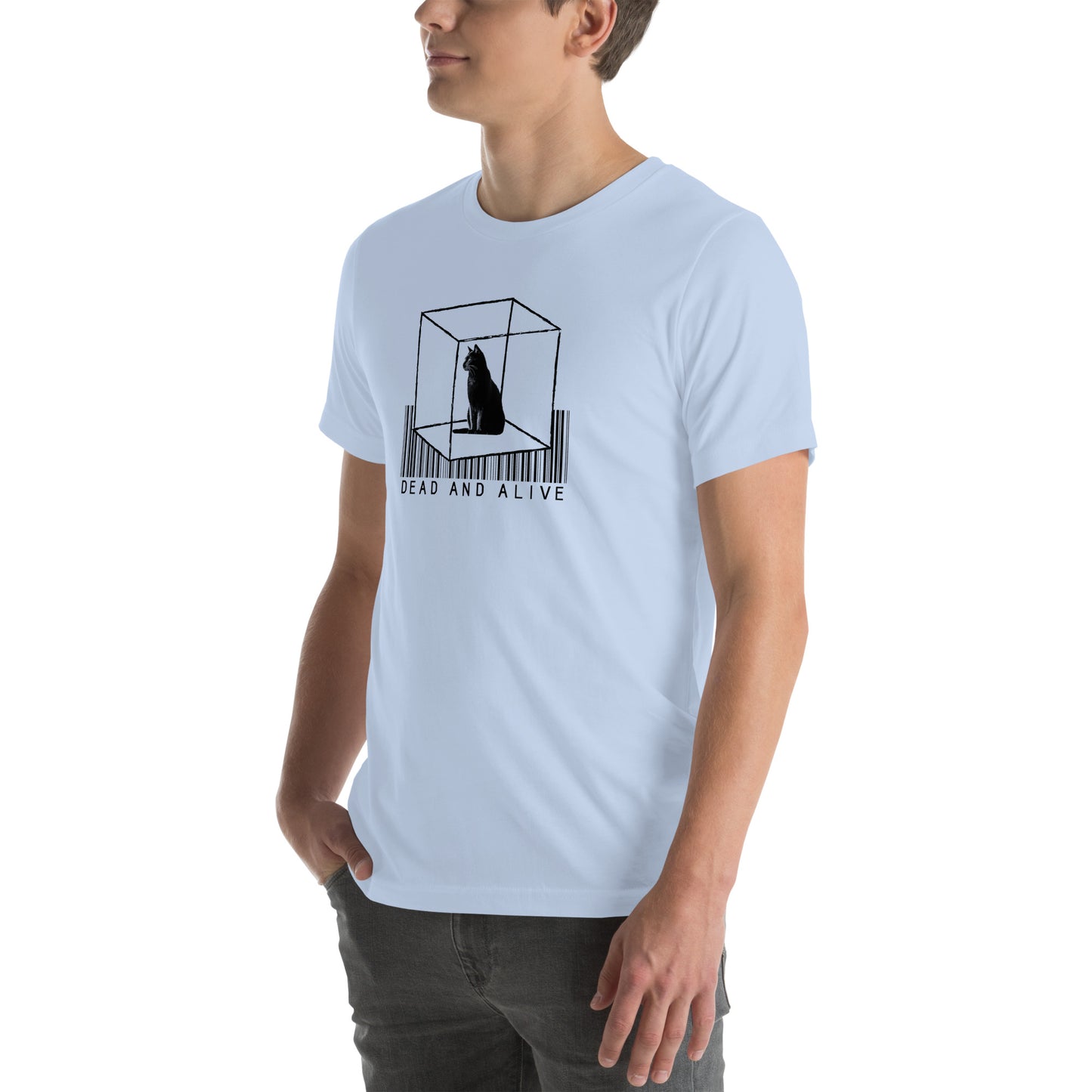 Left front view of baby blue t-shirt with “Dead and Alive” cat in box graphic
