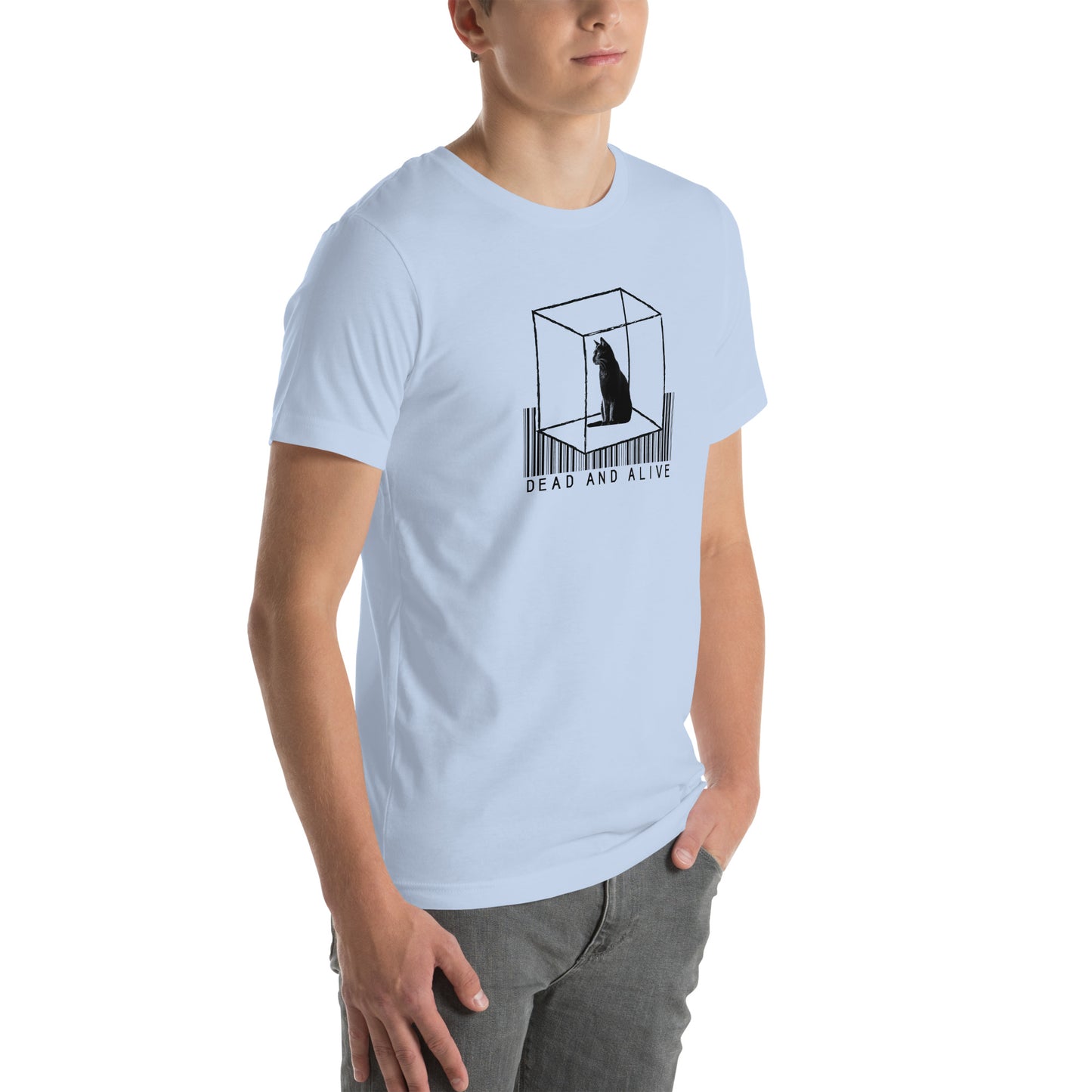 Right front view of baby blue t-shirt with black cat in sketched cube and barcode text