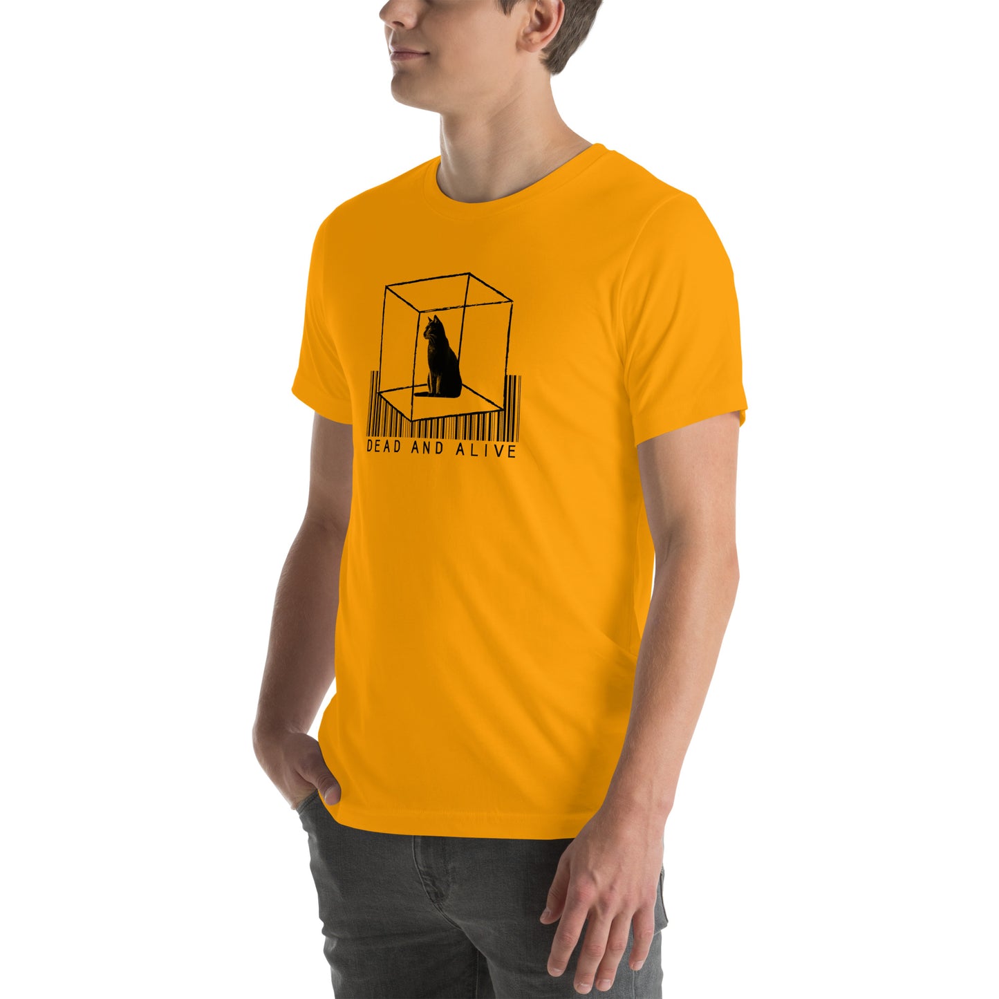 Left front view of gold t-shirt with “Dead and Alive” cat in box graphic