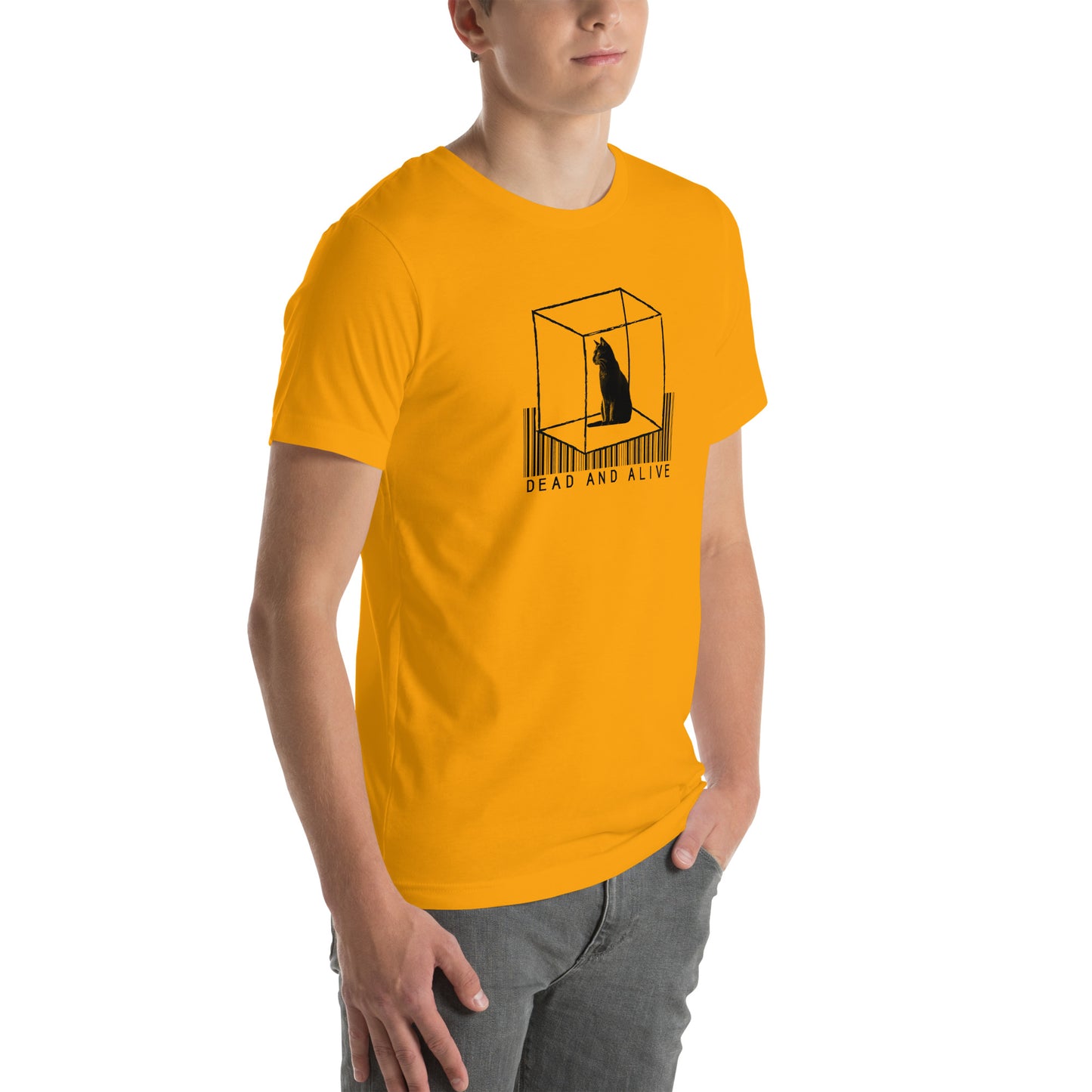 Right front view of gold t-shirt with black cat in sketched cube and barcode text