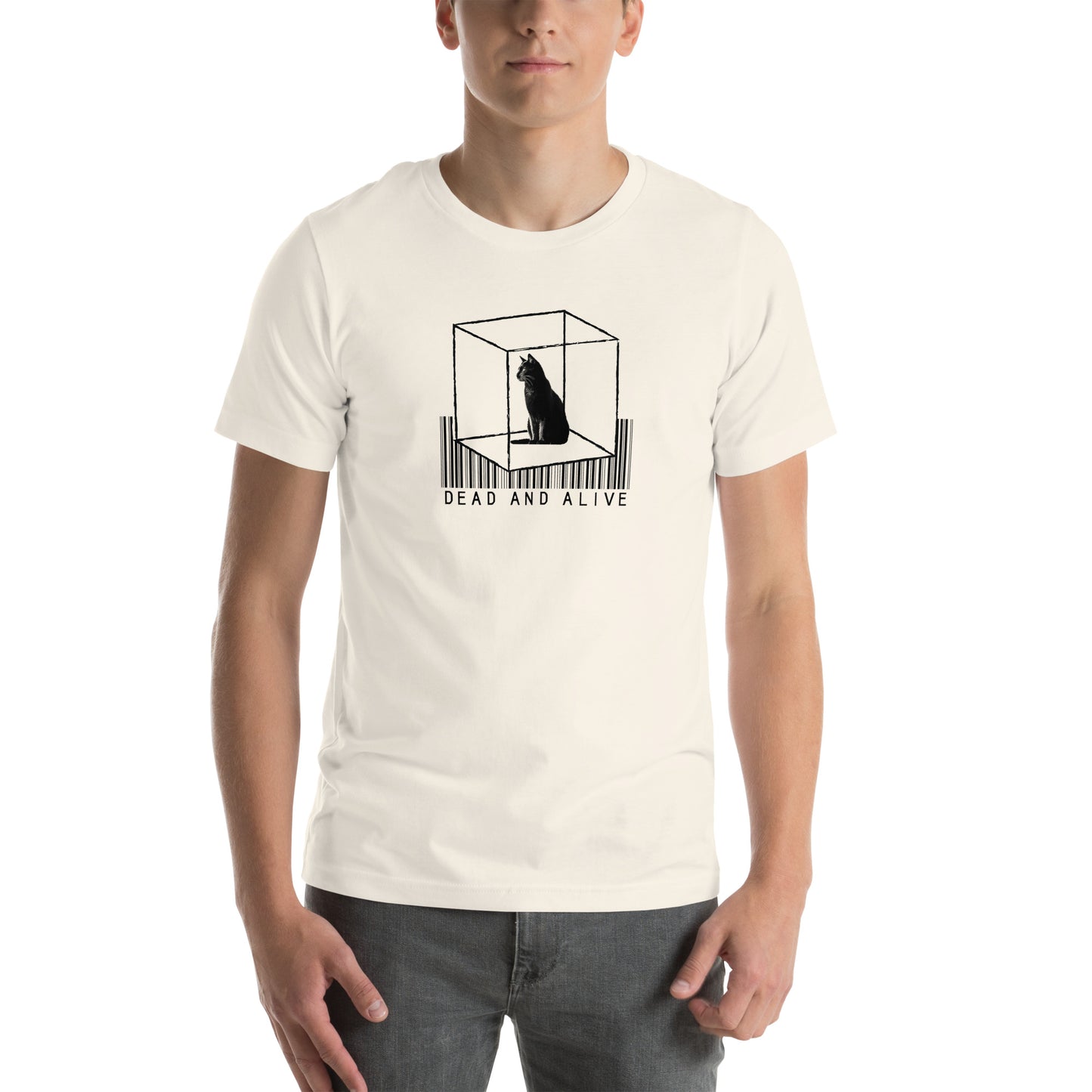 Front view of vintage white t-shirt featuring Schrödinger’s cat superposition illustration