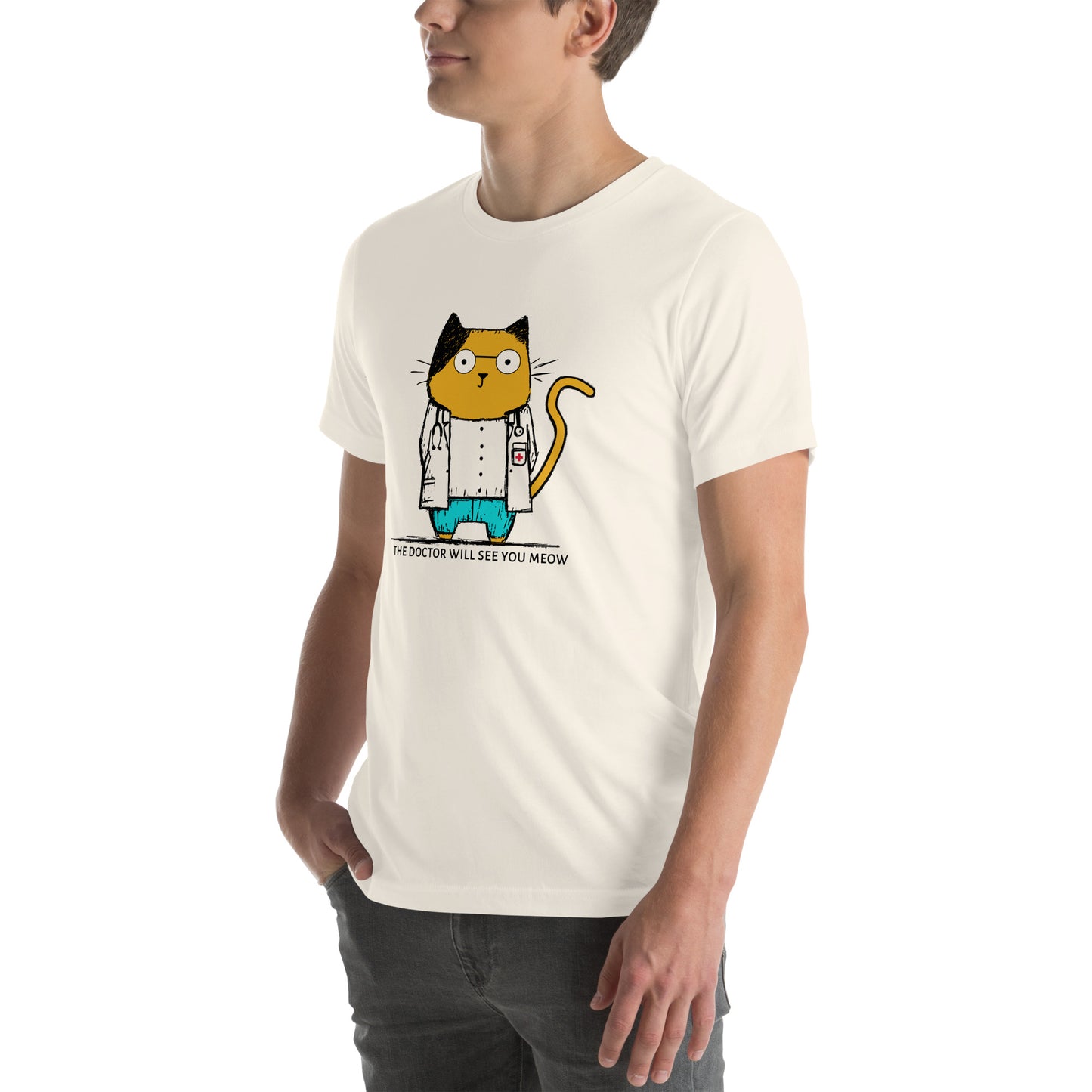 Left front view of vintage white t-shirt showing cartoon-style doctor cat with tail raised