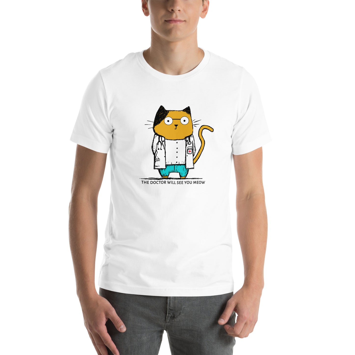Front view of white t-shirt with bold design of cat doctor and “The Doctor Will See You Meow” caption