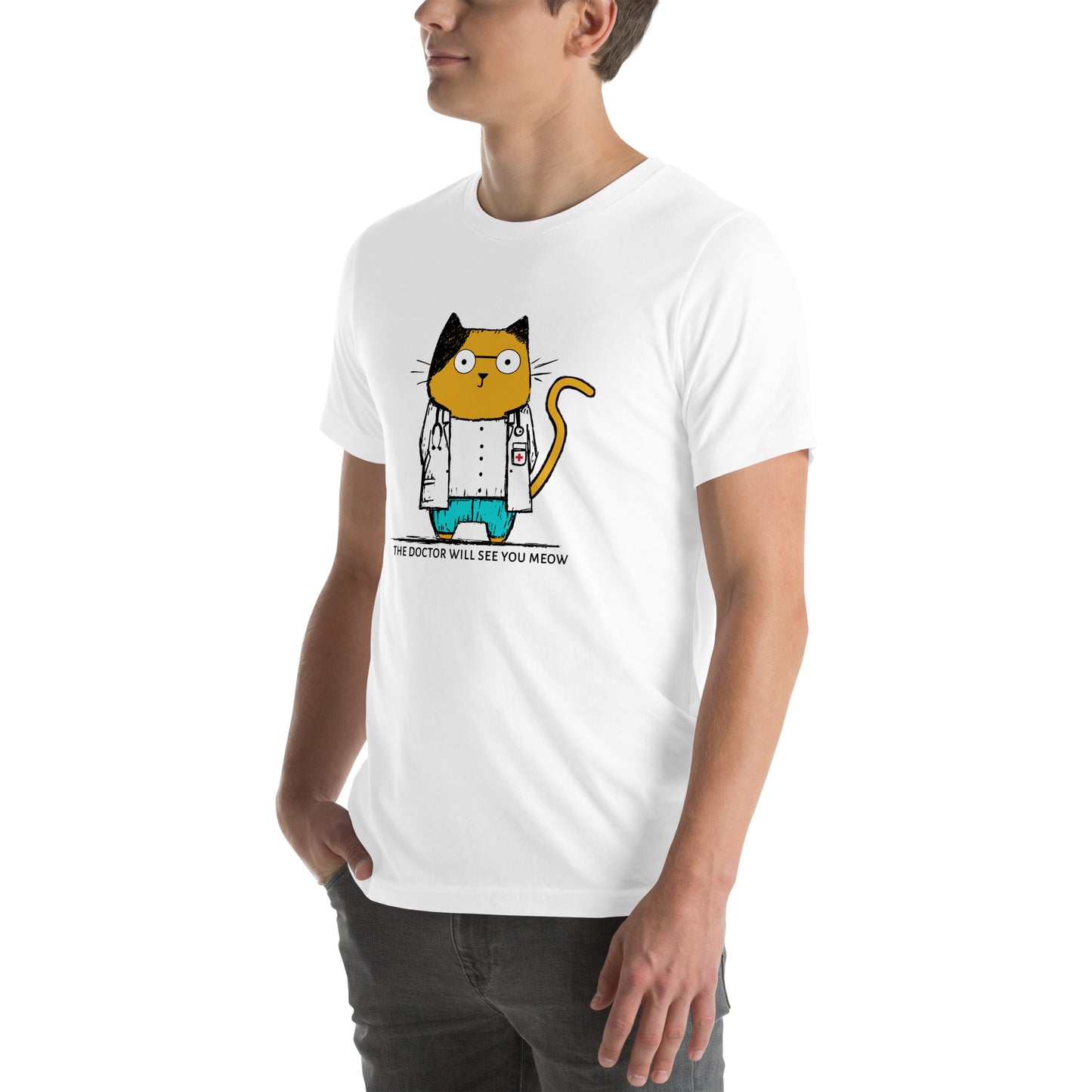 Left front view of white t-shirt showing stethoscope-wearing cat in lab coat