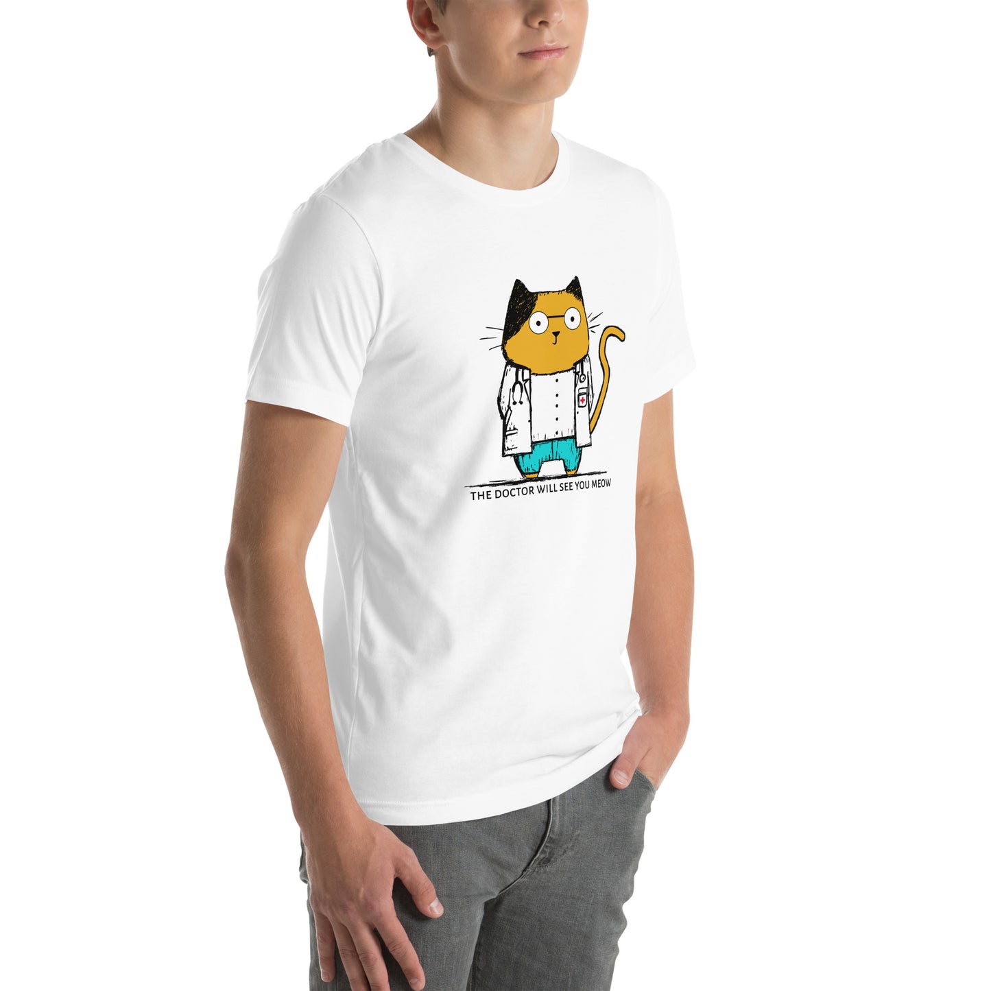 Right front view of white t-shirt featuring orange cartoon cat doctor with glasses