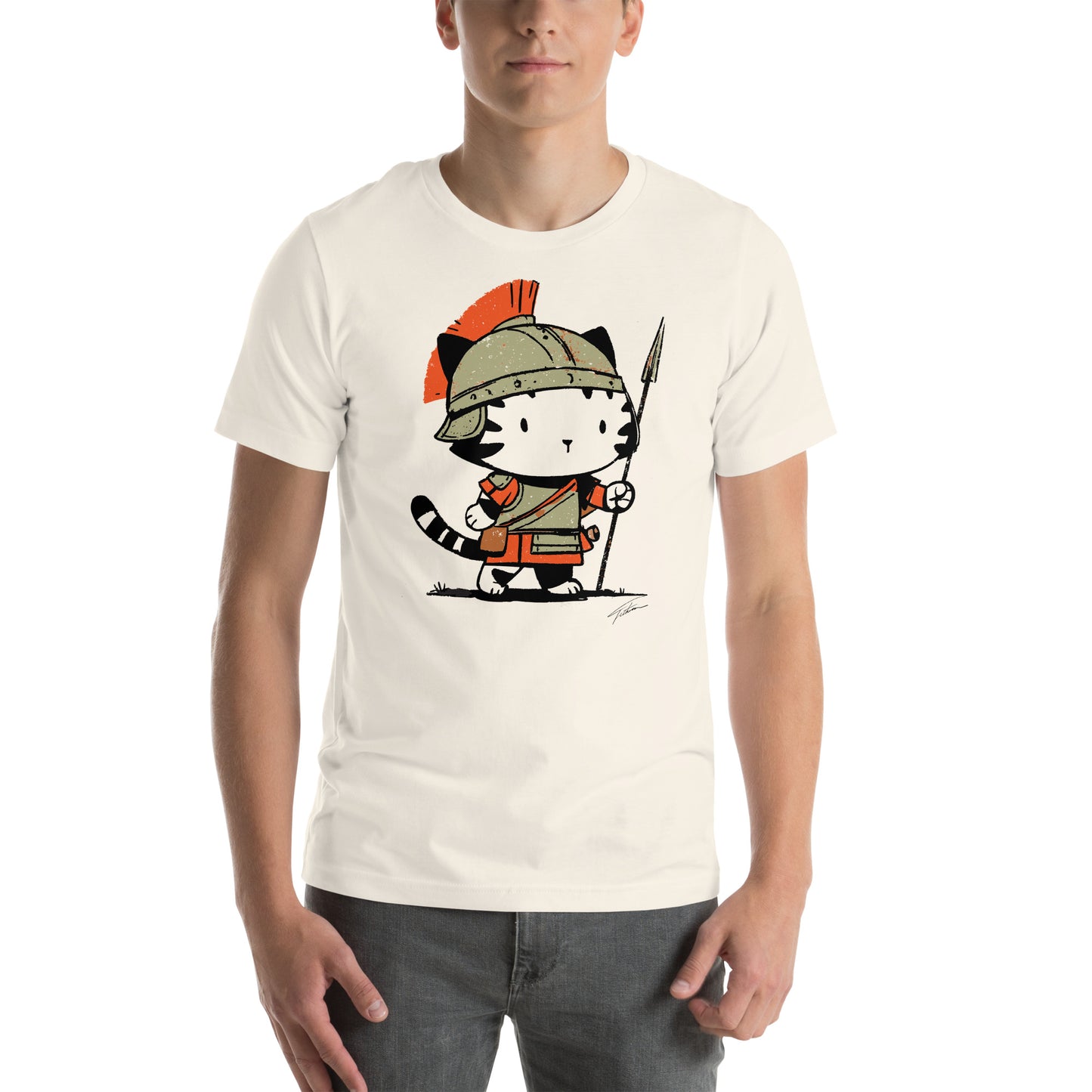 Front view of vintage white t-shirt with cartoon cat dressed as a Roman centurion warrior