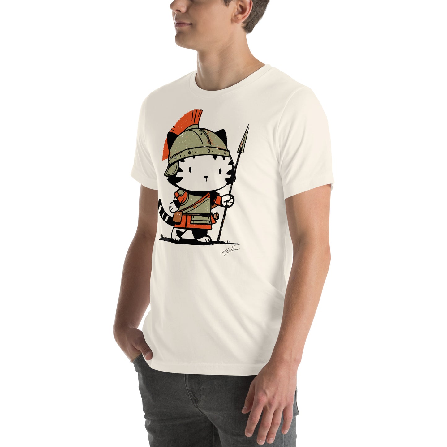 Left front view of vintage white t-shirt showing centurion kitty in Roman military outfit