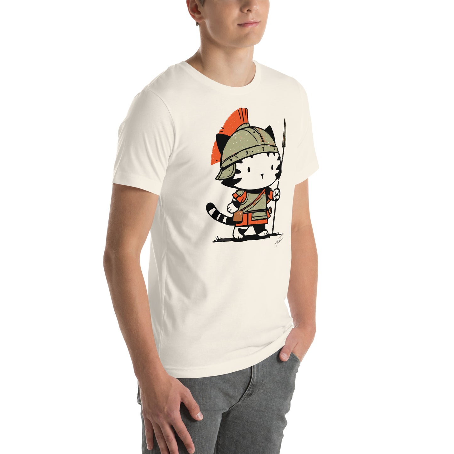 Side view of vintage white t-shirt featuring cartoon Roman cat with red-crested helmet and spear – right front