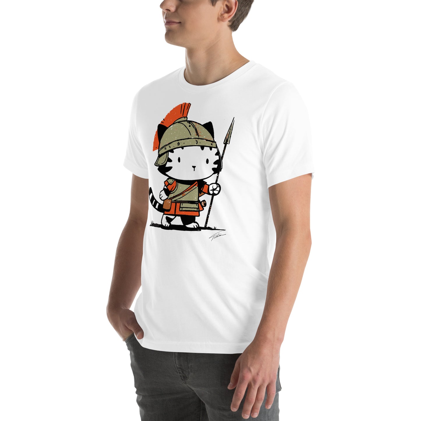 Left front view of white t-shirt featuring Roman centurion kitty in detailed historical armor