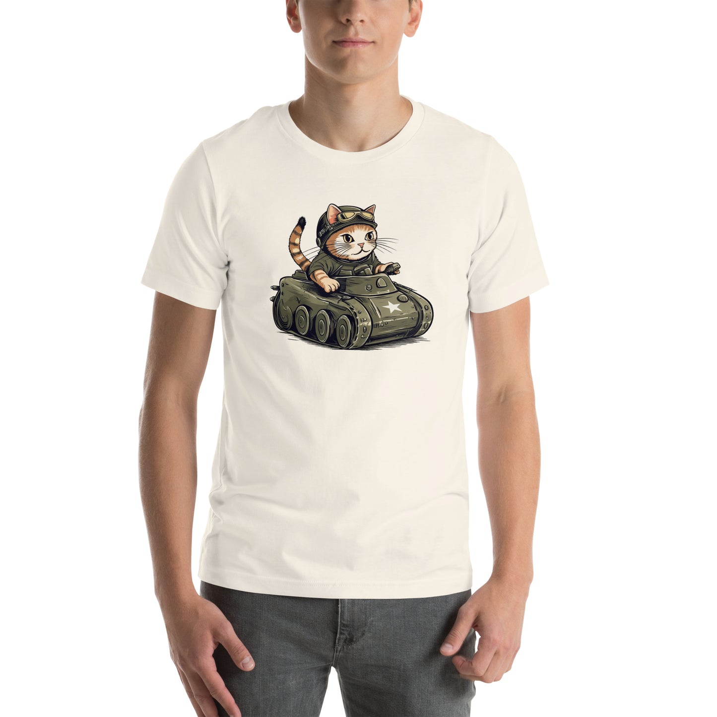 Front view of vintage white t-shirt with helmet-wearing cat driving cartoon tank