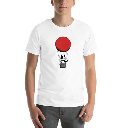 Front view of white t-shirt with whimsical balloon cat graphic