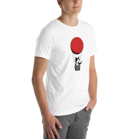 Right front view of white t-shirt with cat in basket under red balloon