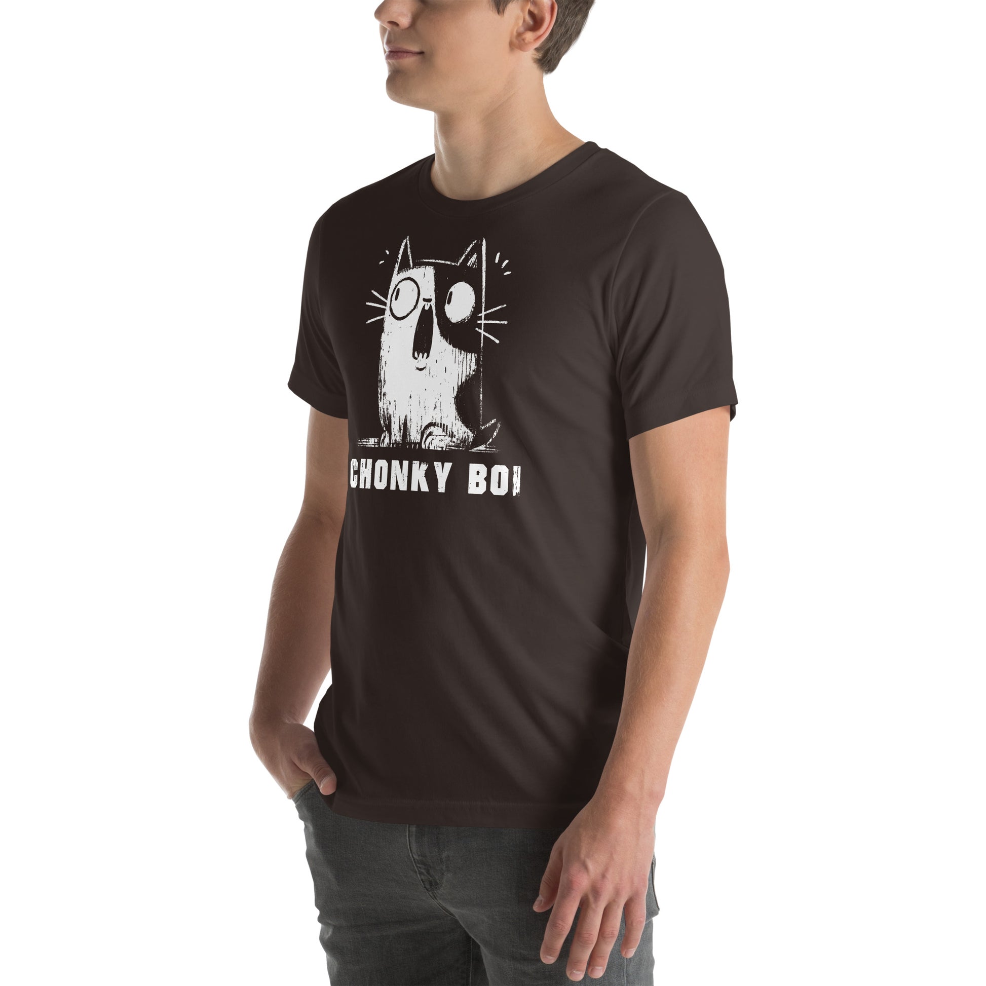 Left front view of brown tee with bold CHONKY BOI cat design
