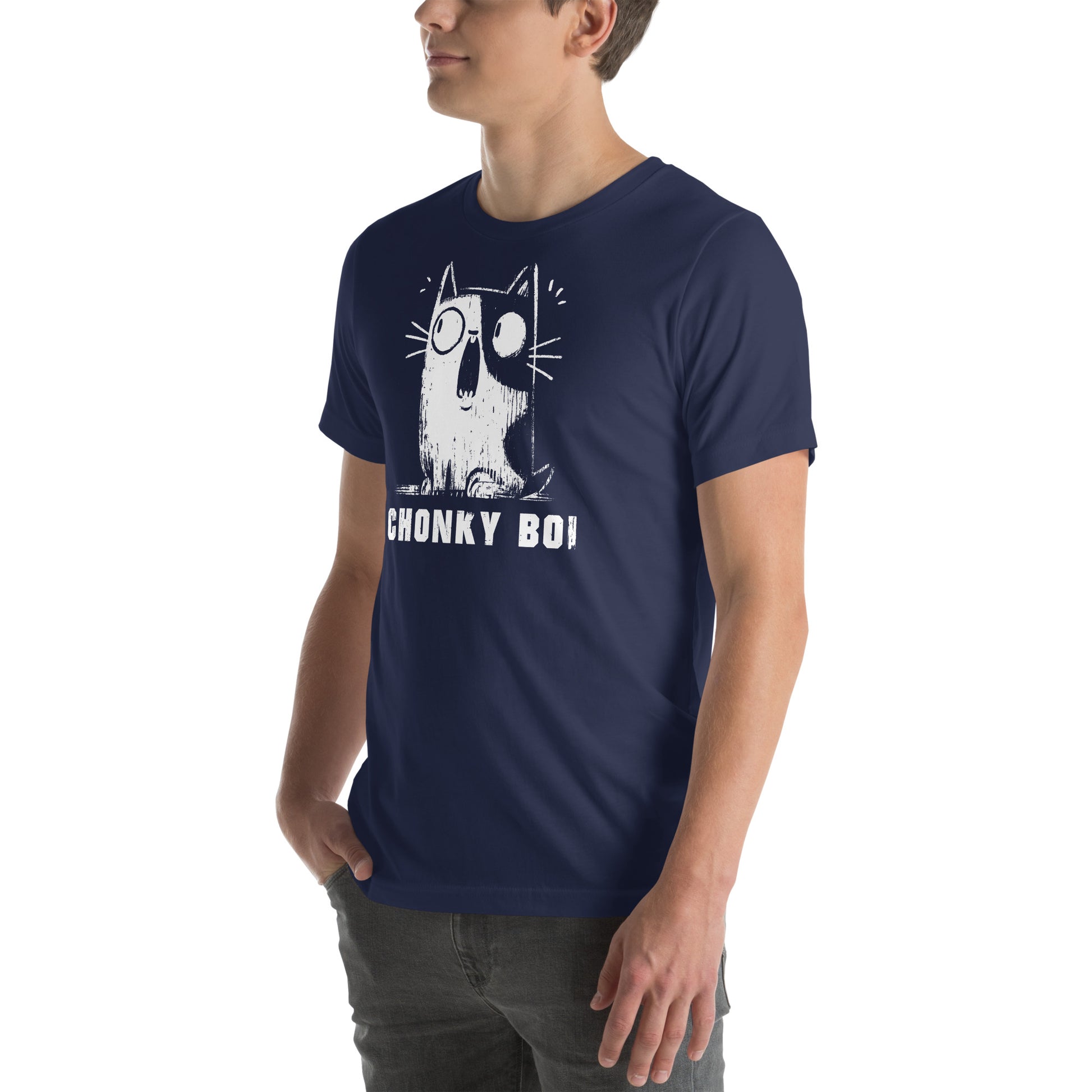 Left front view of navy t-shirt featuring wide-eyed fat cat and CHONKY BOI text