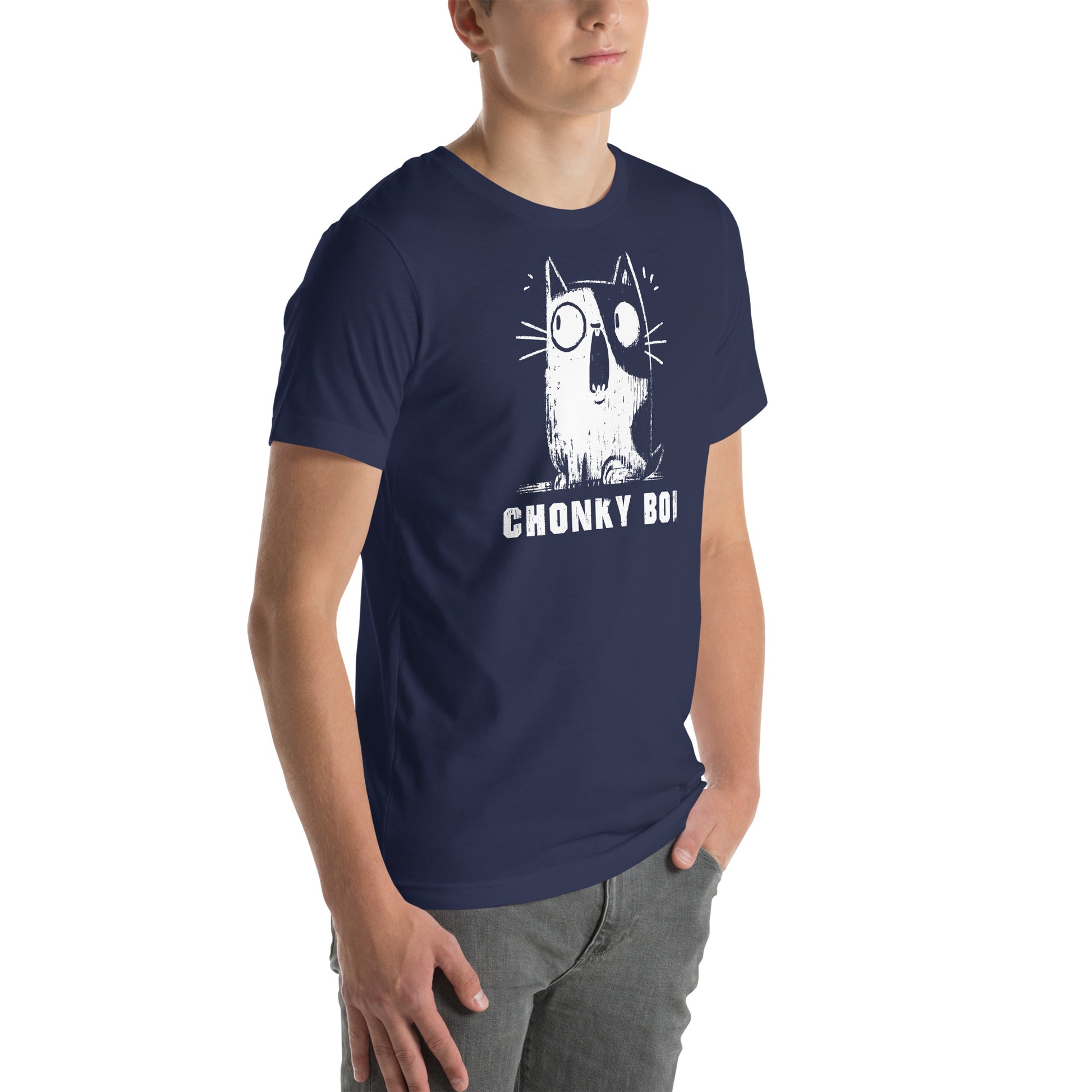 Right front view of navy shirt with heavy white cat graphic and bold text