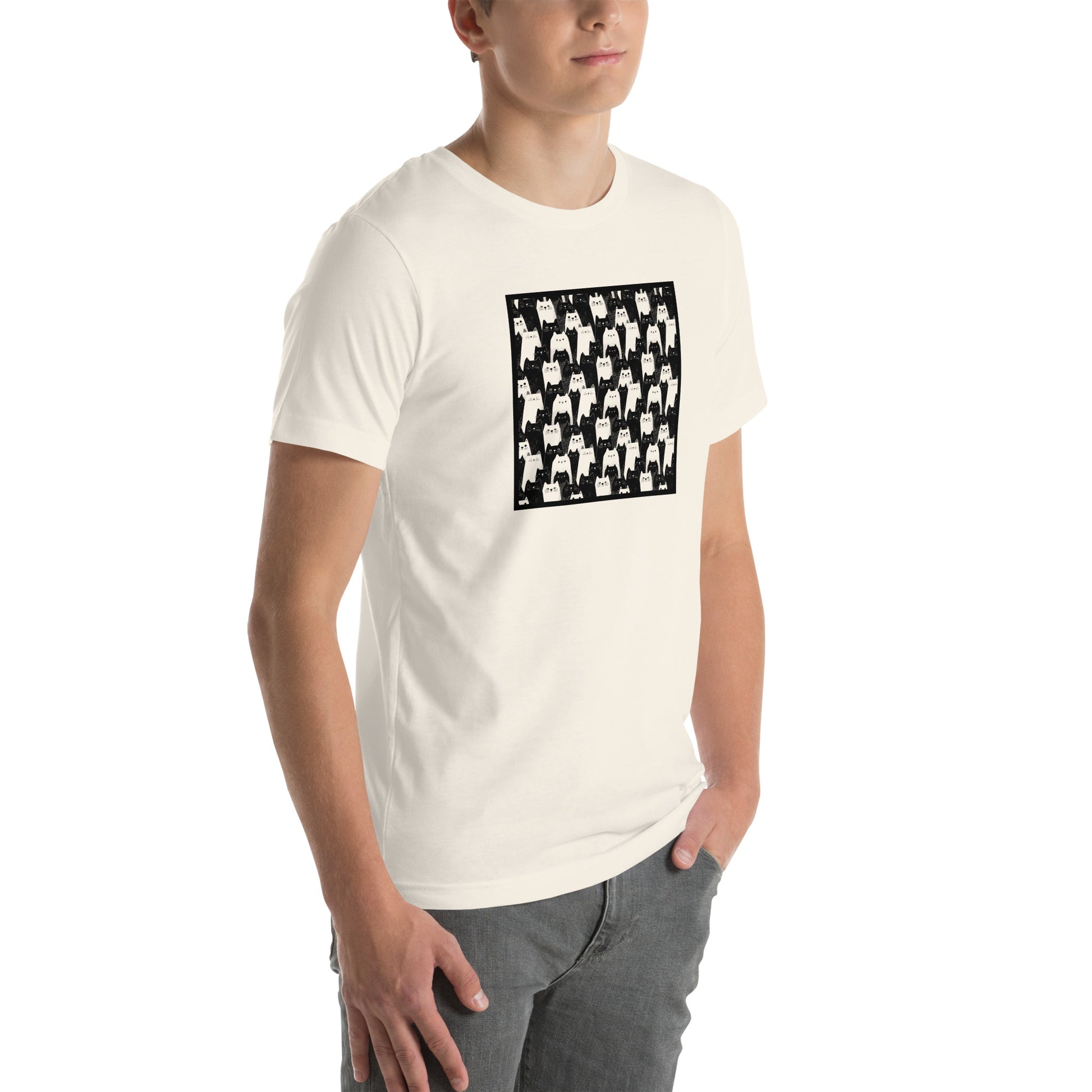 Right front view of vintage white t-shirt with illustrated cat crowd in black and white pattern