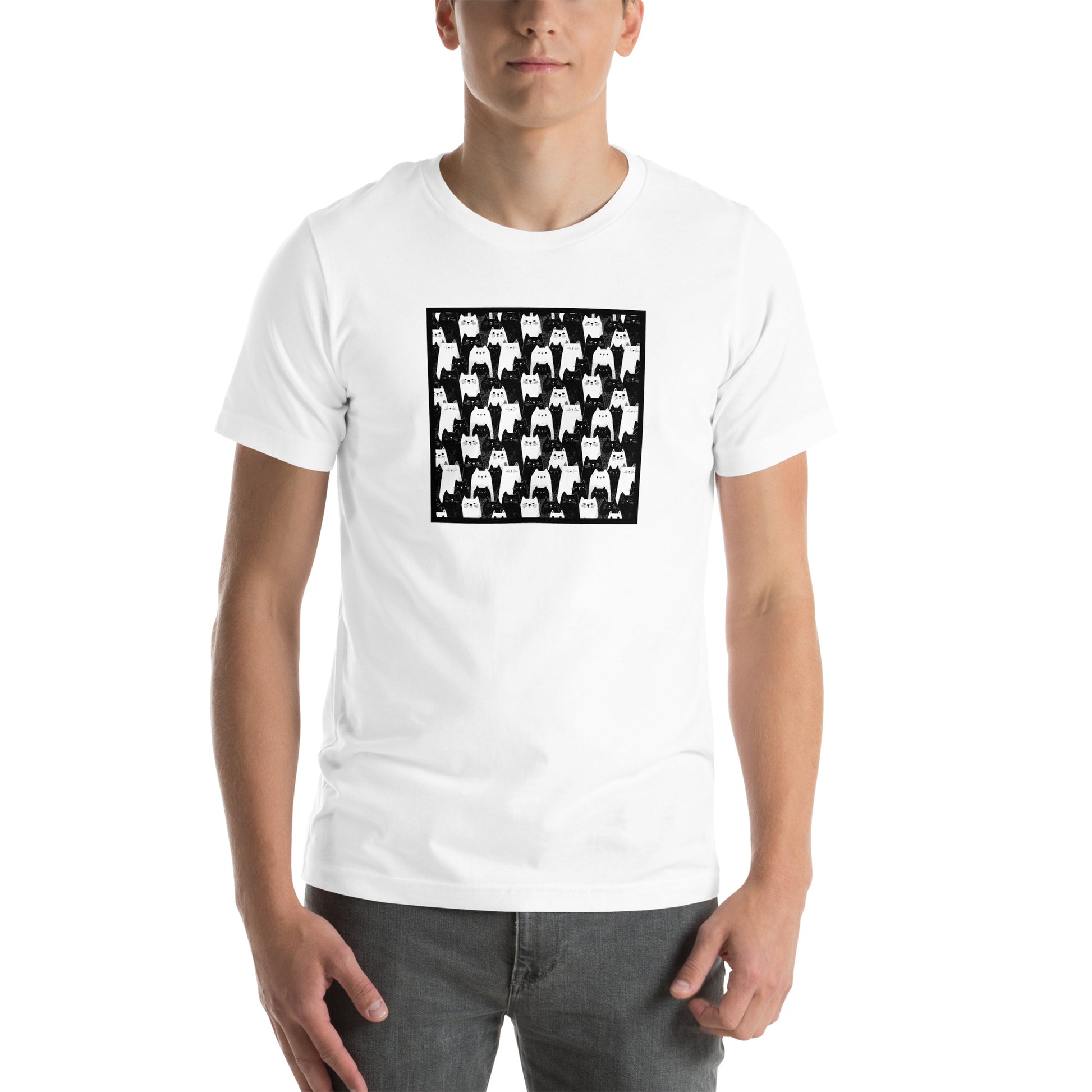 Front view of white t-shirt showing full-frame pattern of quirky cartoon cats in black and white