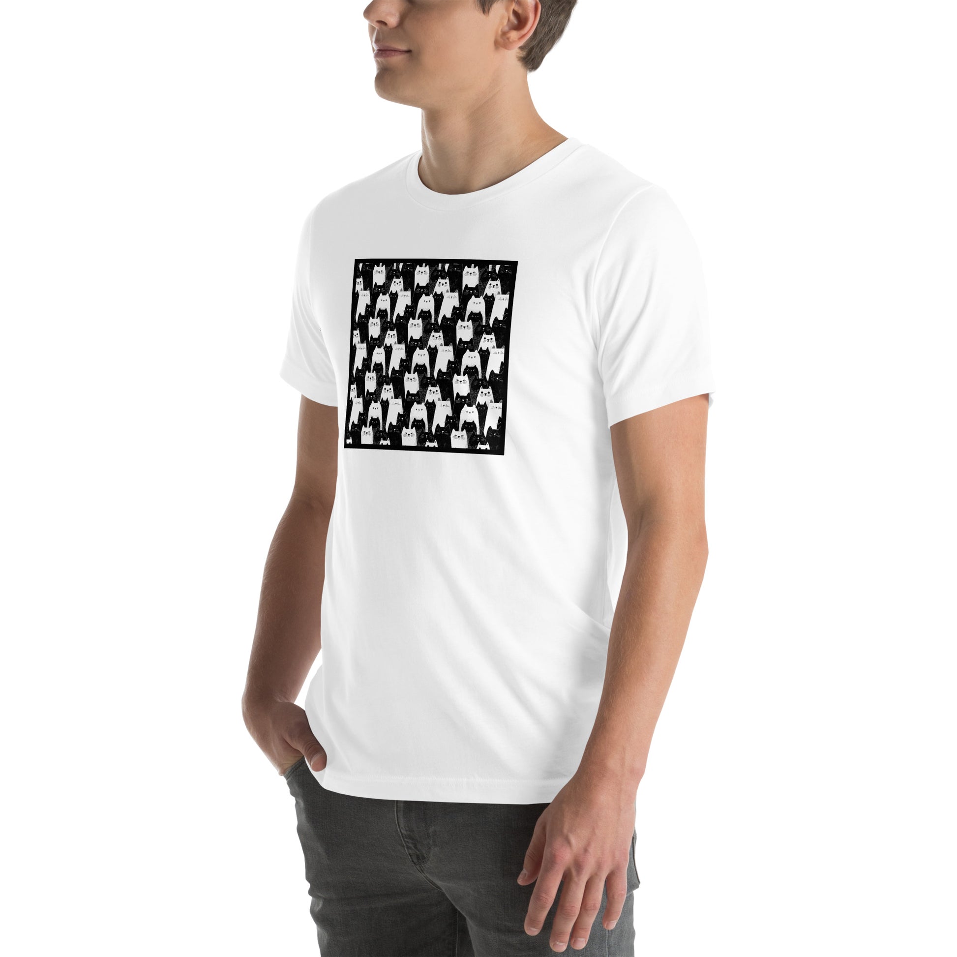 Left front view of white t-shirt with dense group of expressive black and white cartoon cats