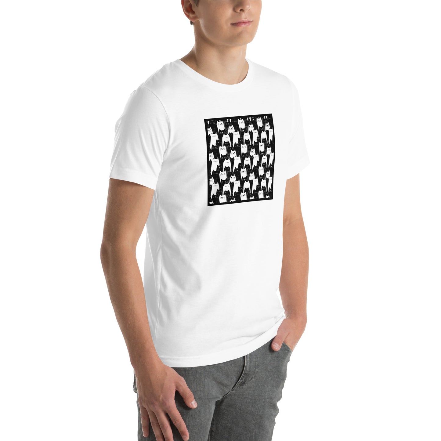 Right front view of white t-shirt featuring black and white all-over cartoon cat pattern
