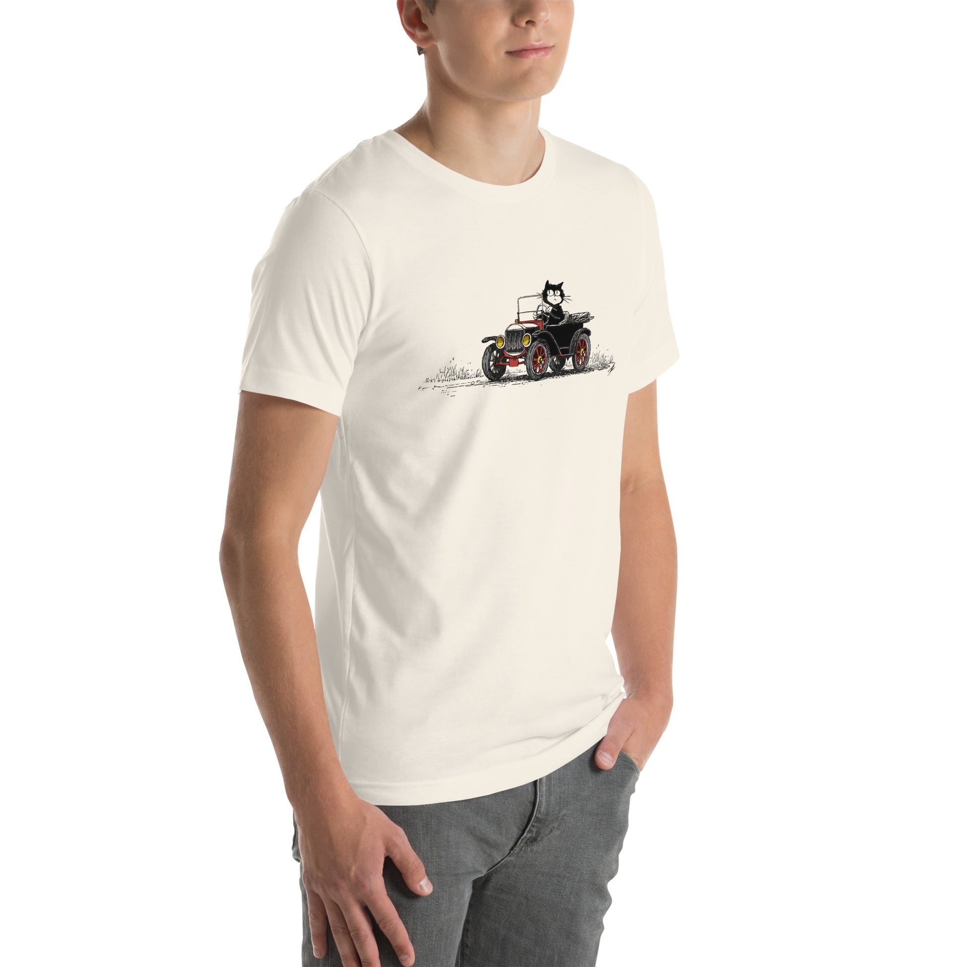 Right front view of vintage white t-shirt with humorous black cat in glasses behind the wheel of classic car