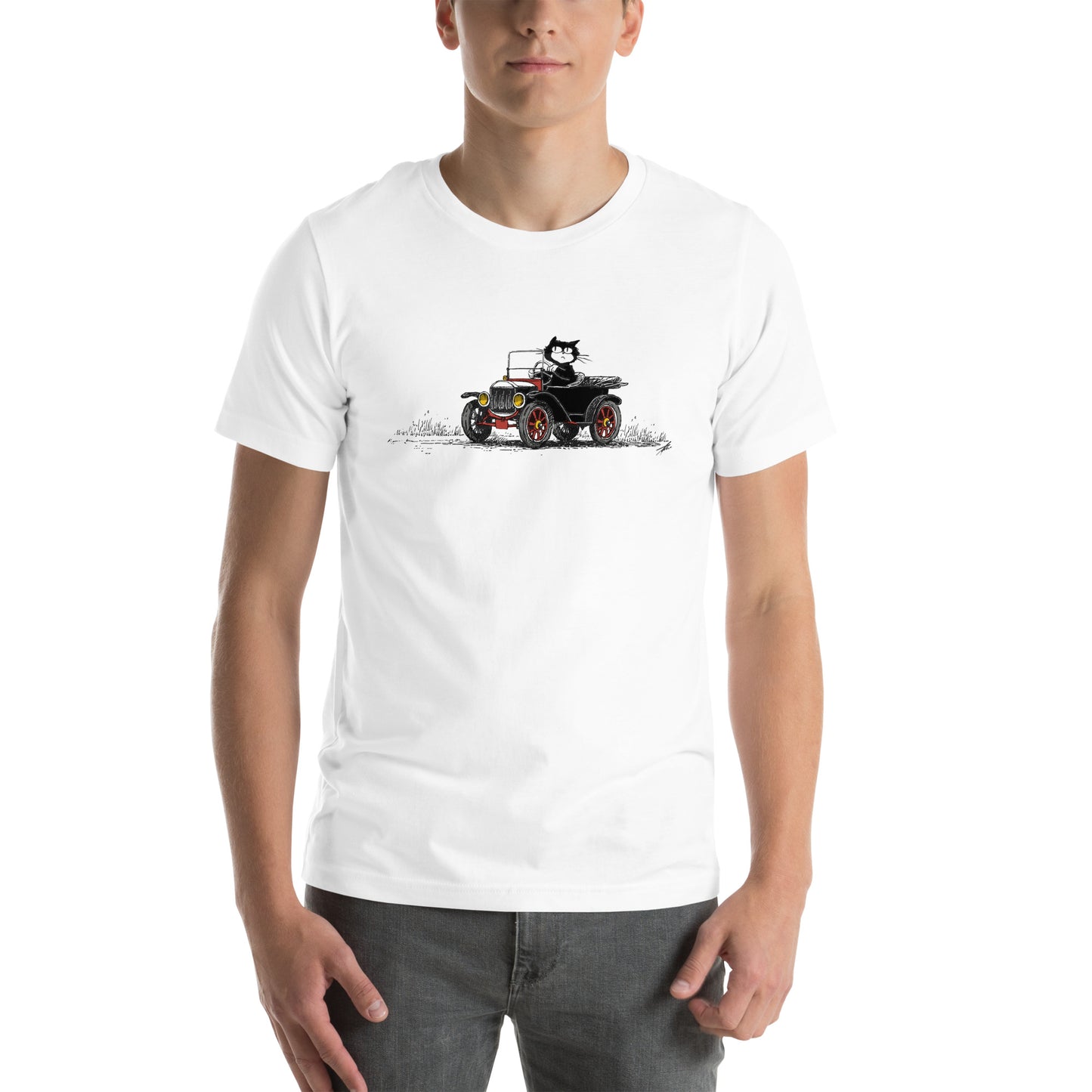 Front view of vintage white t-shirt with long, wide-format cartoon cat driving antique car illustration