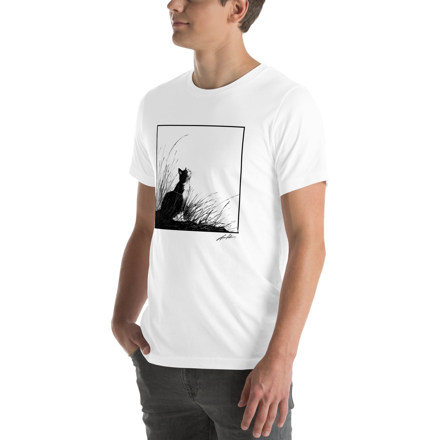 Left front view of white t-shirt featuring serene cat illustration