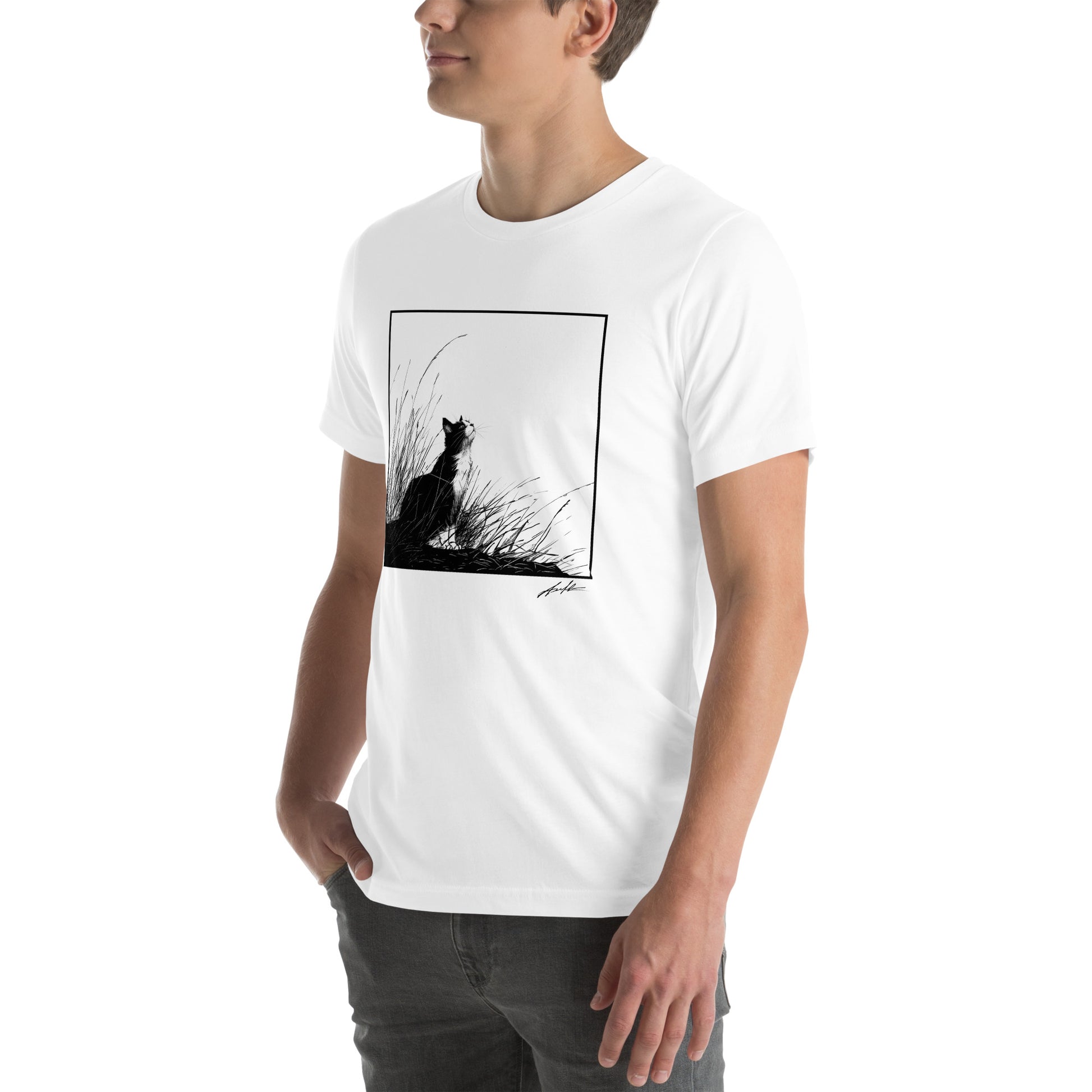 Left front view of white t-shirt featuring serene cat illustration