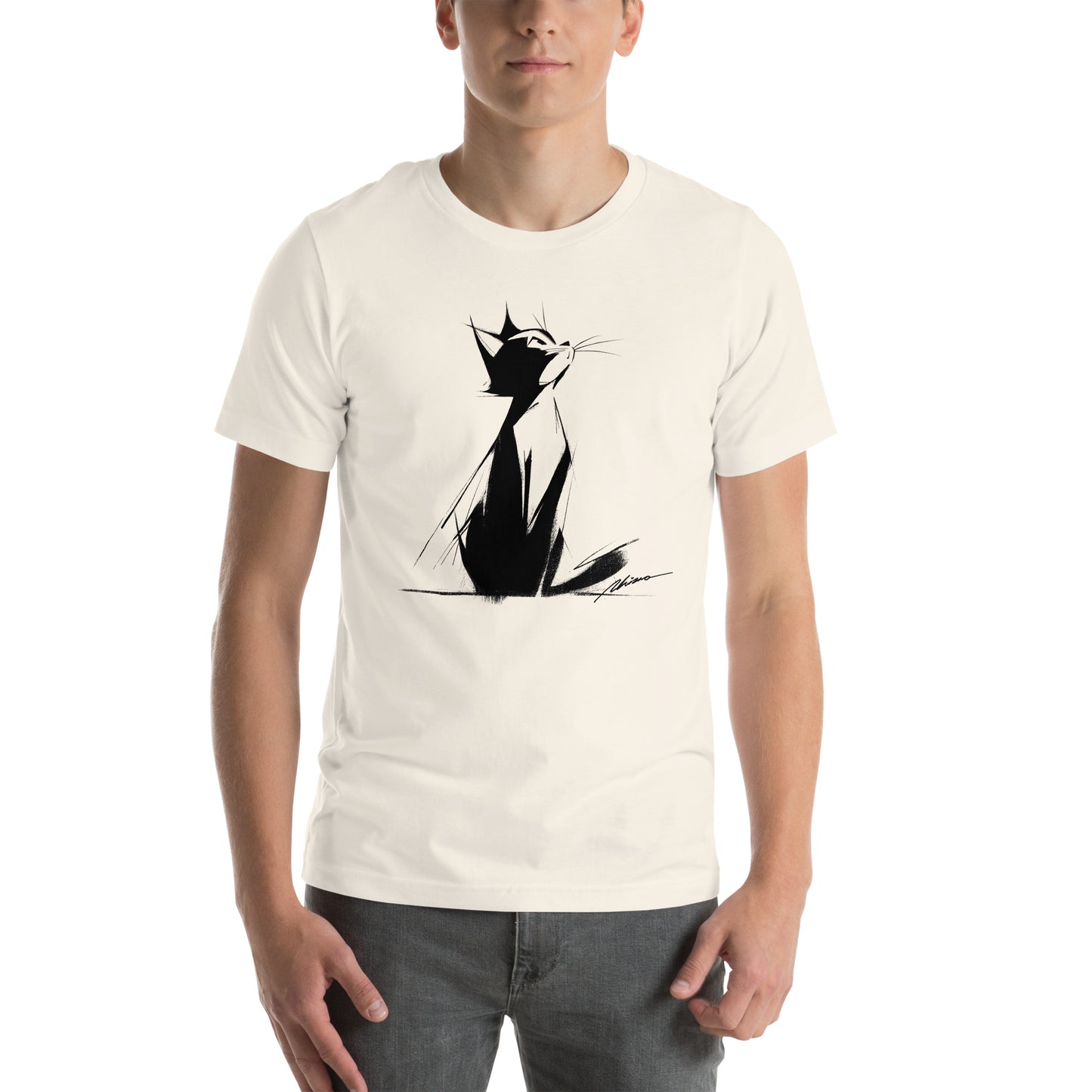 Front view of vintage white t-shirt with fashion-forward line art cat