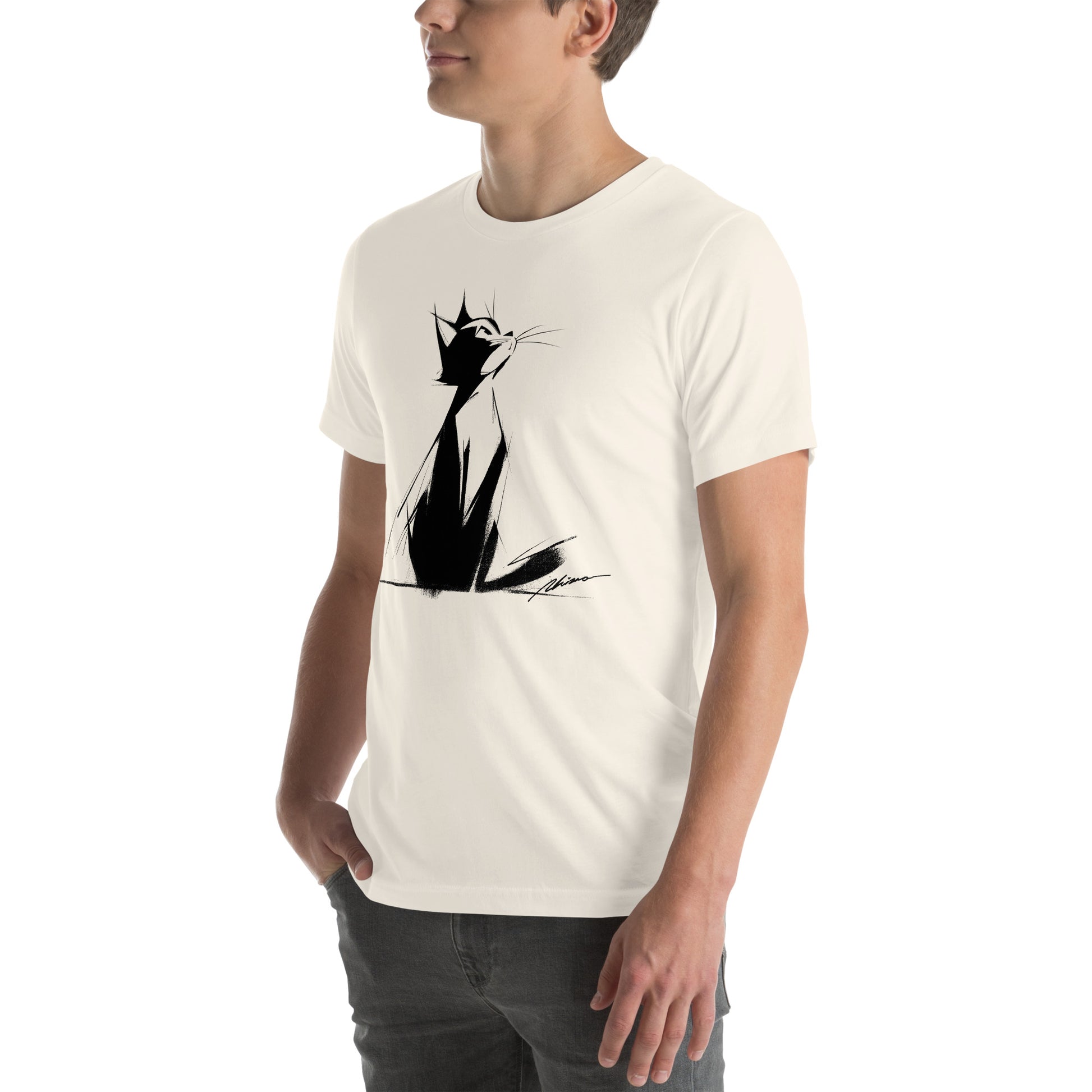 Left front view of vintage white t-shirt showing expressive glamor cat design