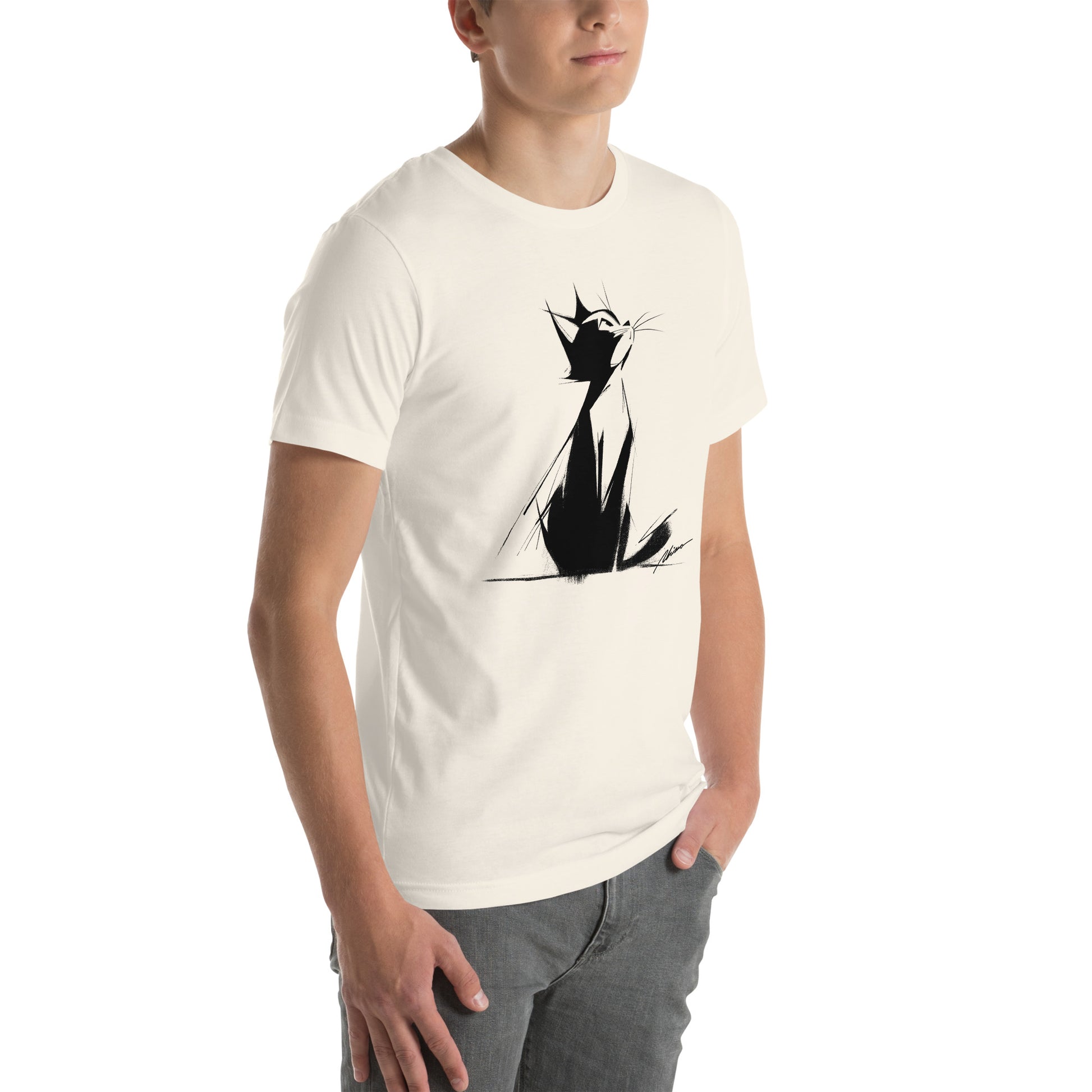 Right front view of vintage white t-shirt with minimal black-and-white cat artwork