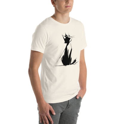 Right front view of vintage white t-shirt with minimal black-and-white cat artwork