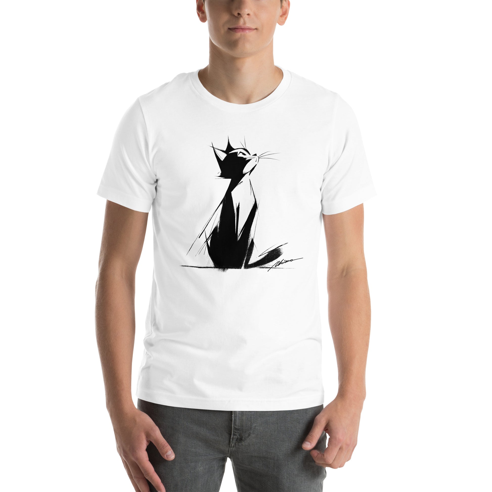 Front view of white t-shirt with elegant glamor cat illustration