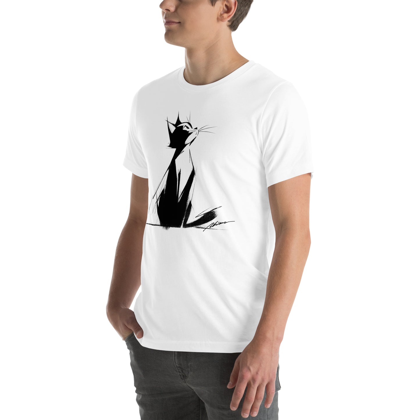 Left front view of white t-shirt featuring chic feline line art