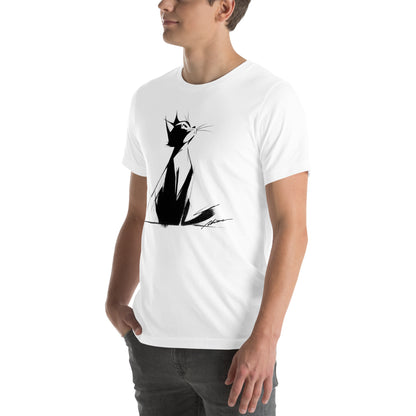 Left front view of white t-shirt featuring chic feline line art