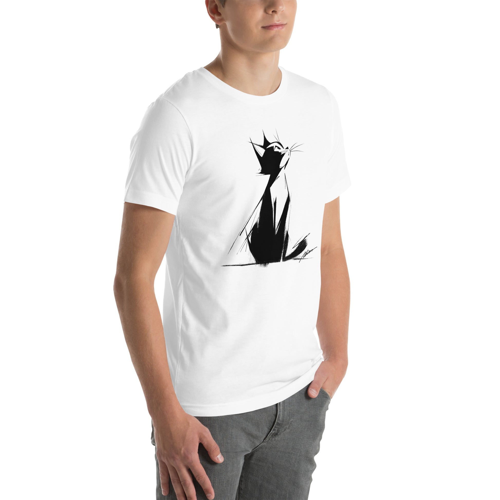 Right front view of white t-shirt with black-and-white stylized cat design